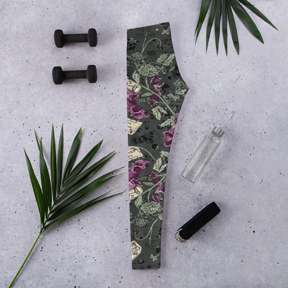 Hemlock and Foxglove Goth Leggings featuring a dark floral design on premium activewear from GearBunch Leggings.