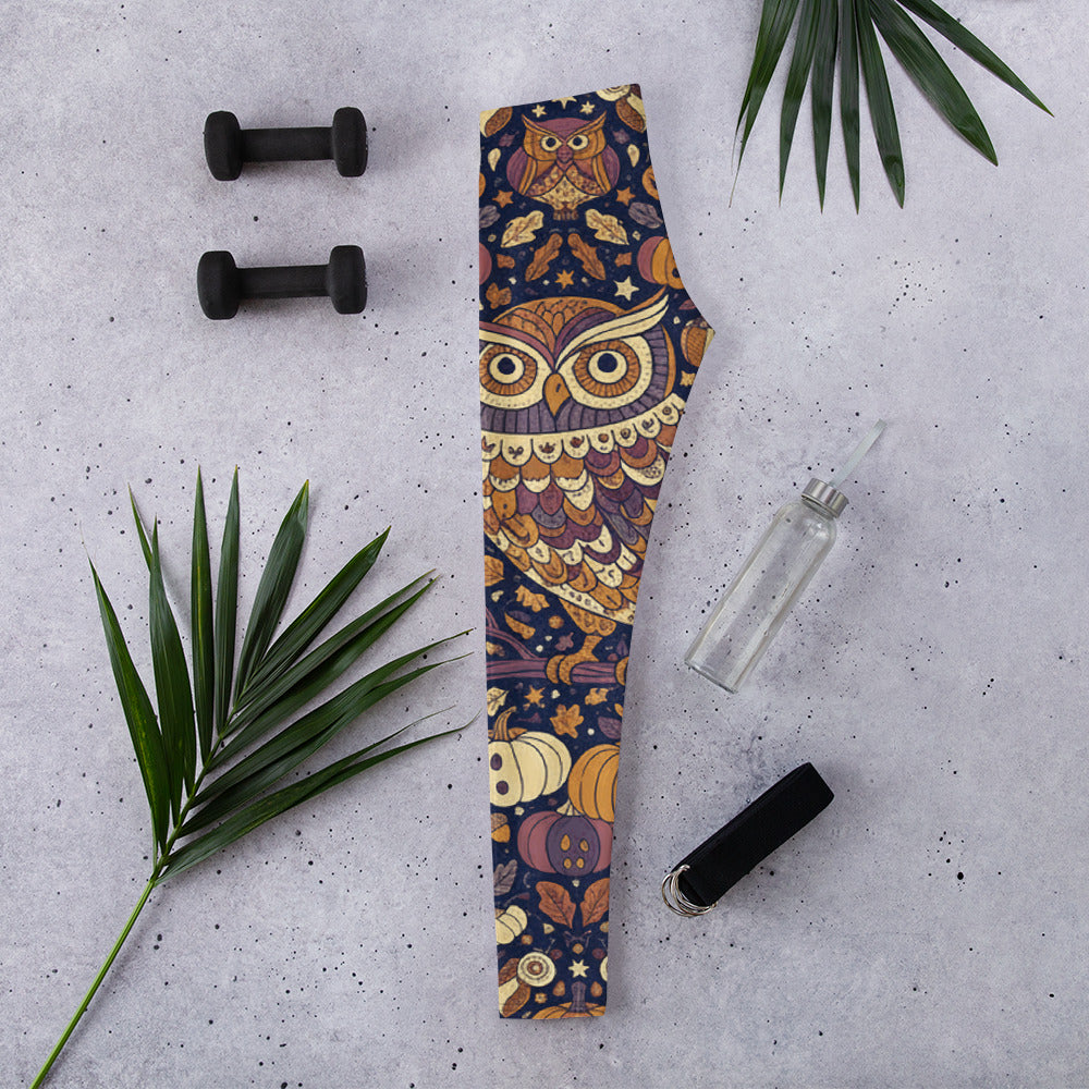 Detailed view of the All Hallows Eve Owl Leggings by GearBunch, showcasing the unique autumn-inspired print and comfortable fit.