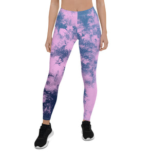 Womens Workout Yoga Pink & Blue Tie Dye Leggings Front View