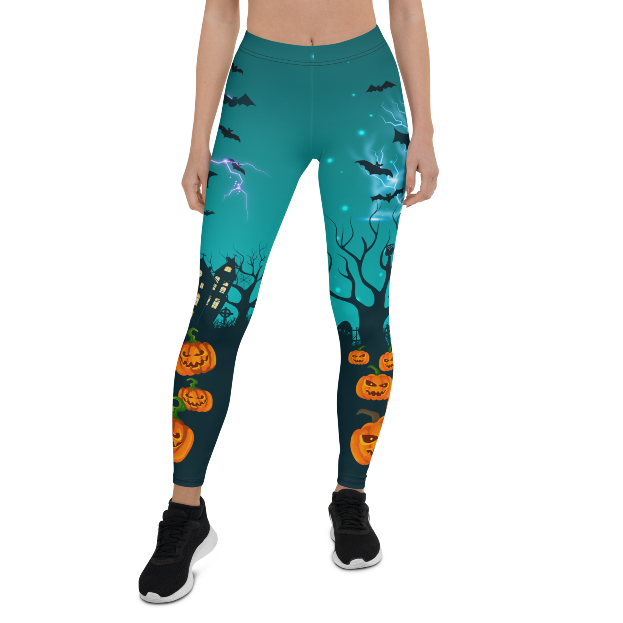 Halloween Pumpkin and Lightning Leggings Front