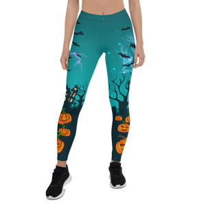 Halloween Pumpkin and Lightning Leggings Front