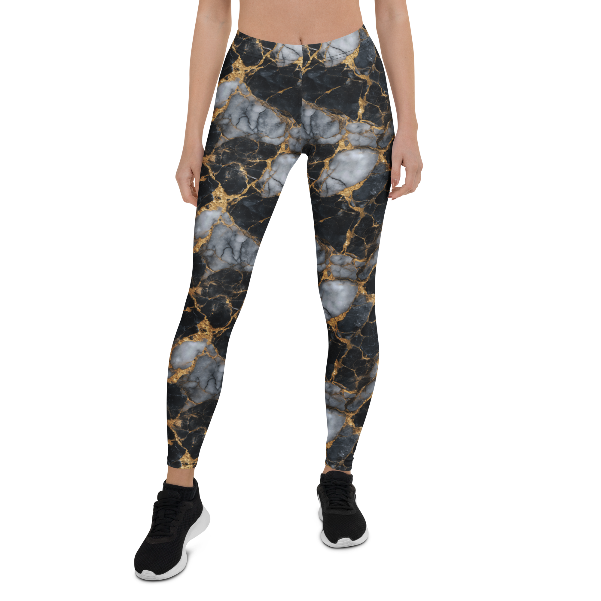 Black Gold Marble Leggings Front View