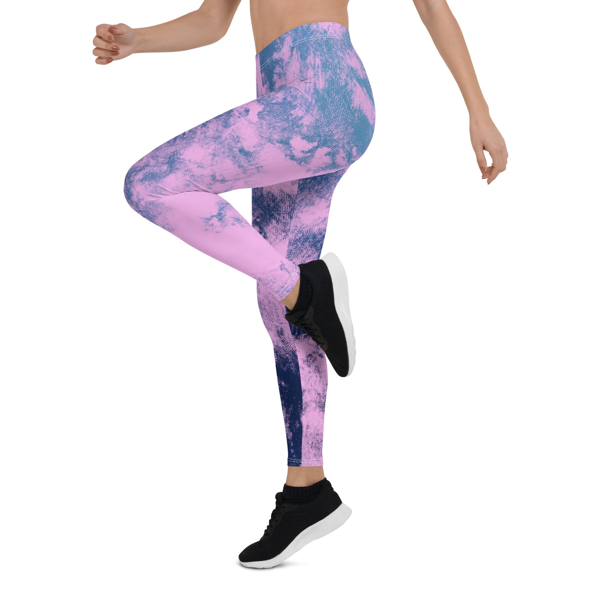 Womens Workout Yoga Pink & Blue Tie Dye Leggings  Side on Leg Up