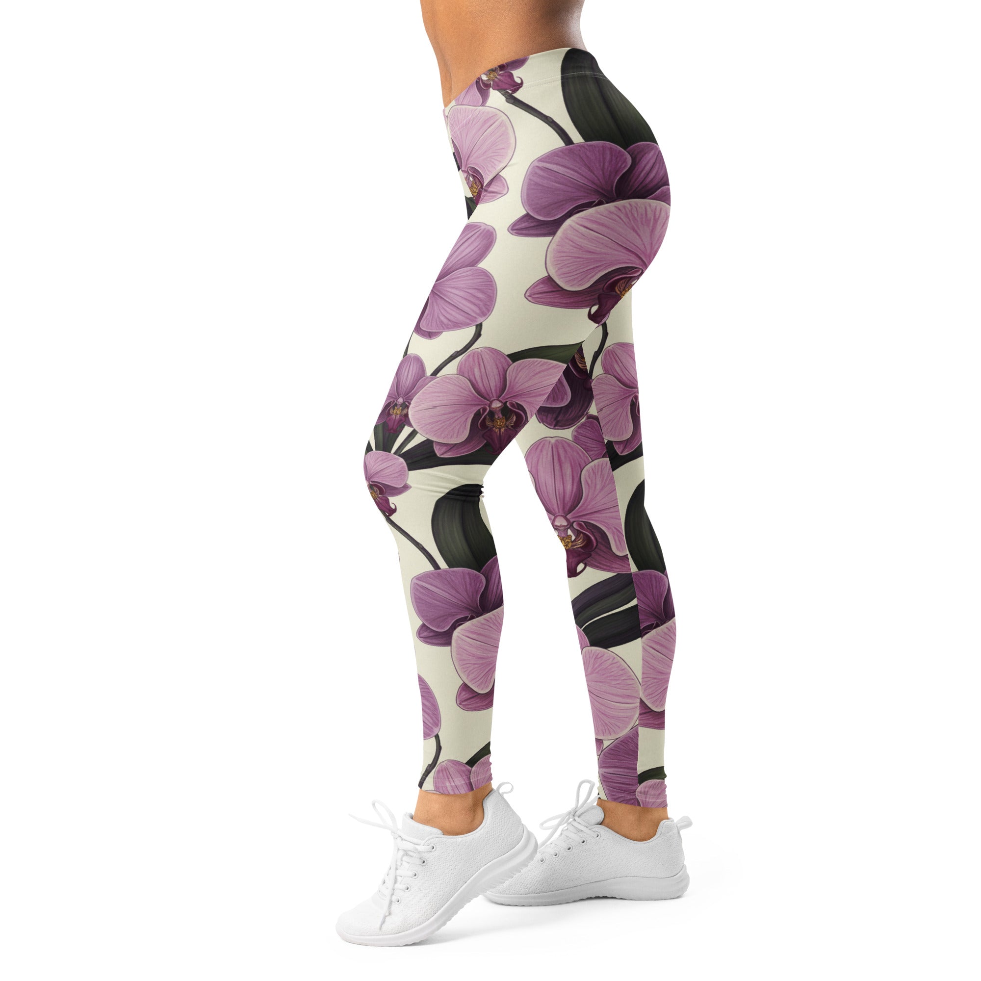 Women's pink orchid botanical printed leggings front view