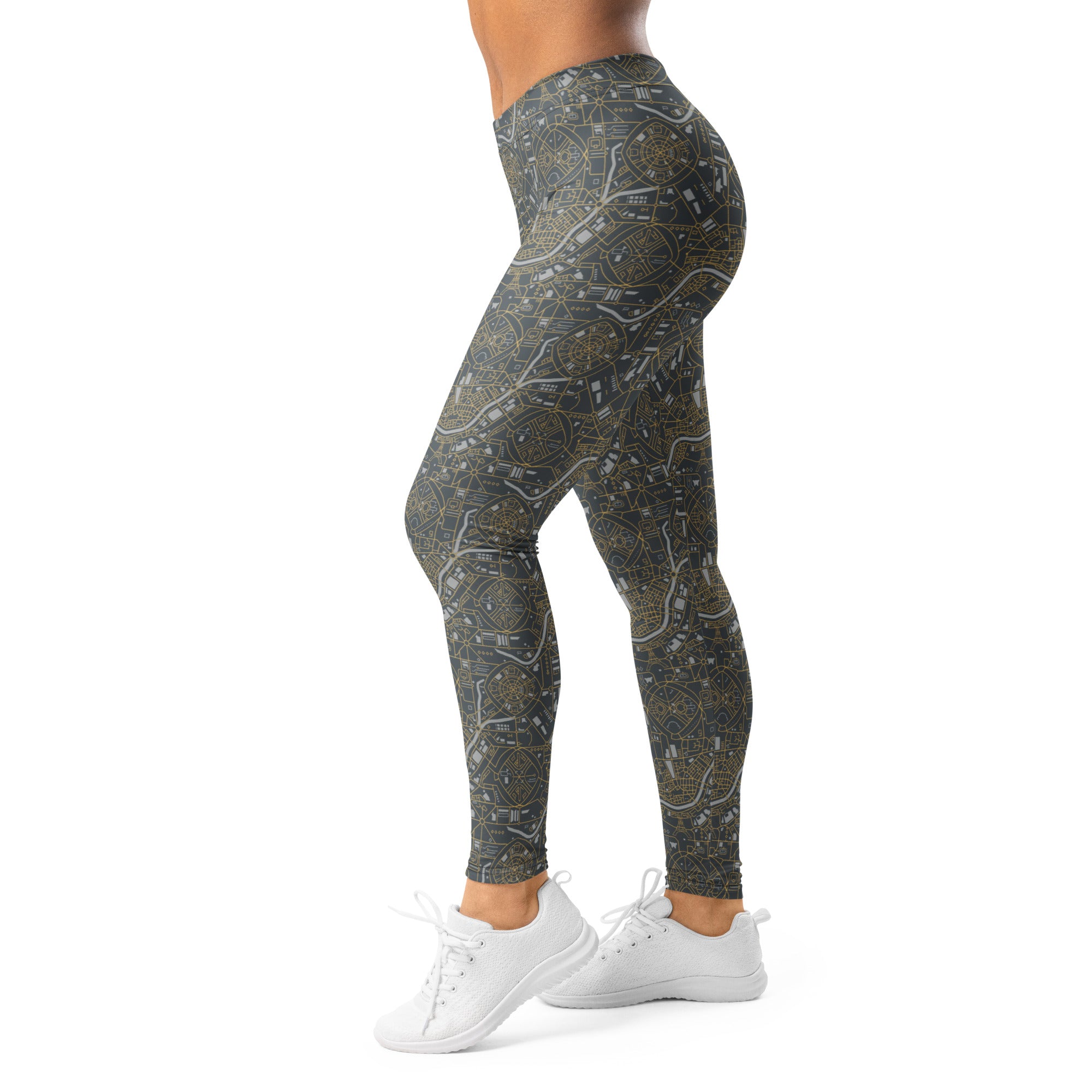 Women's grey gold paris map printed leggings front view