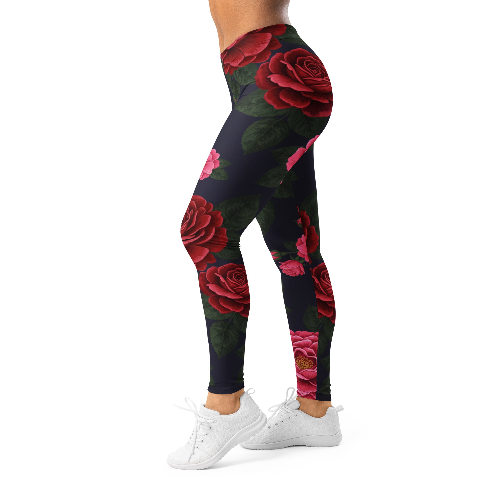 Women's floral midnight garden roses leggings front view
