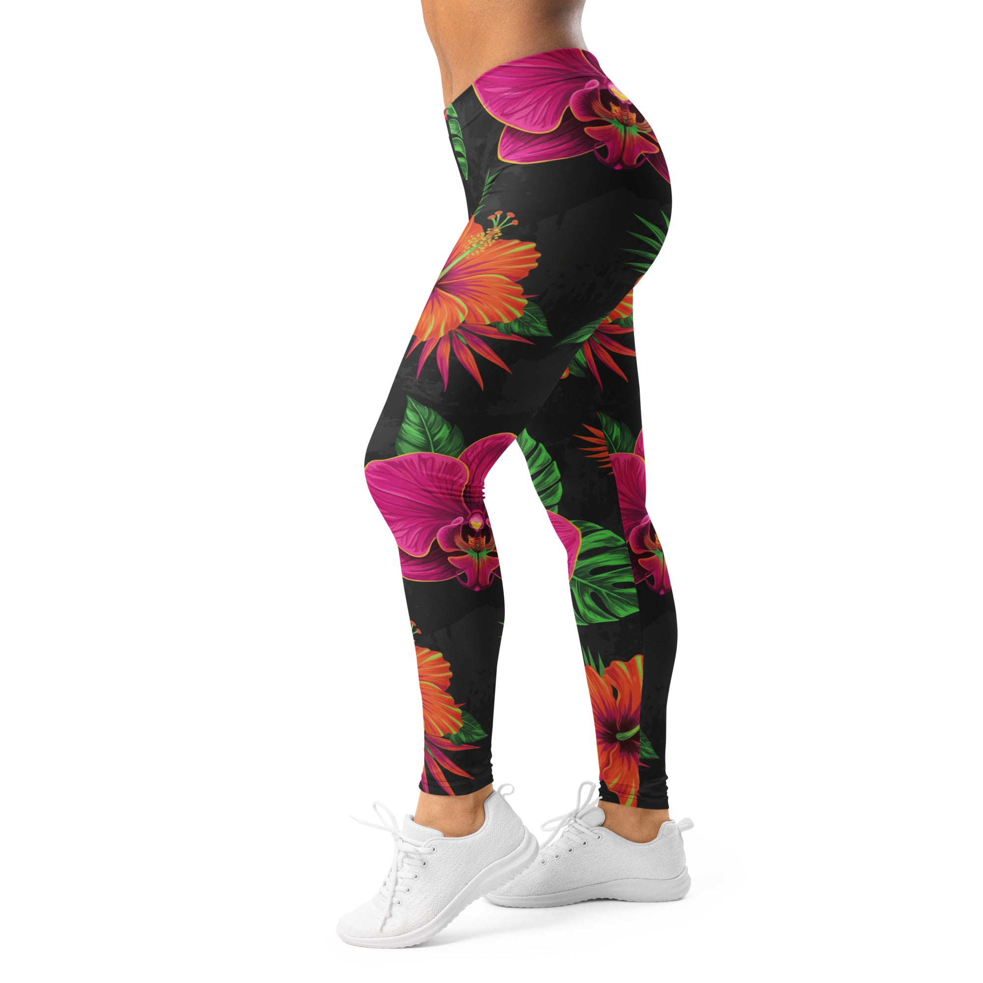 Women's neon tropical flowers printed leggings front view