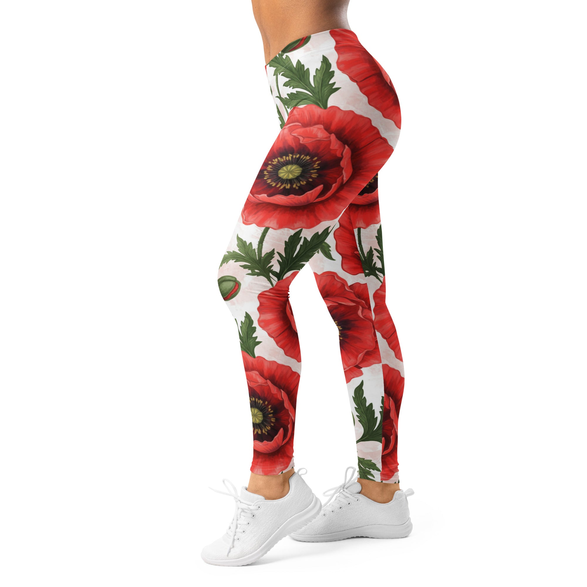 Women's floral garden poppies leggings front view