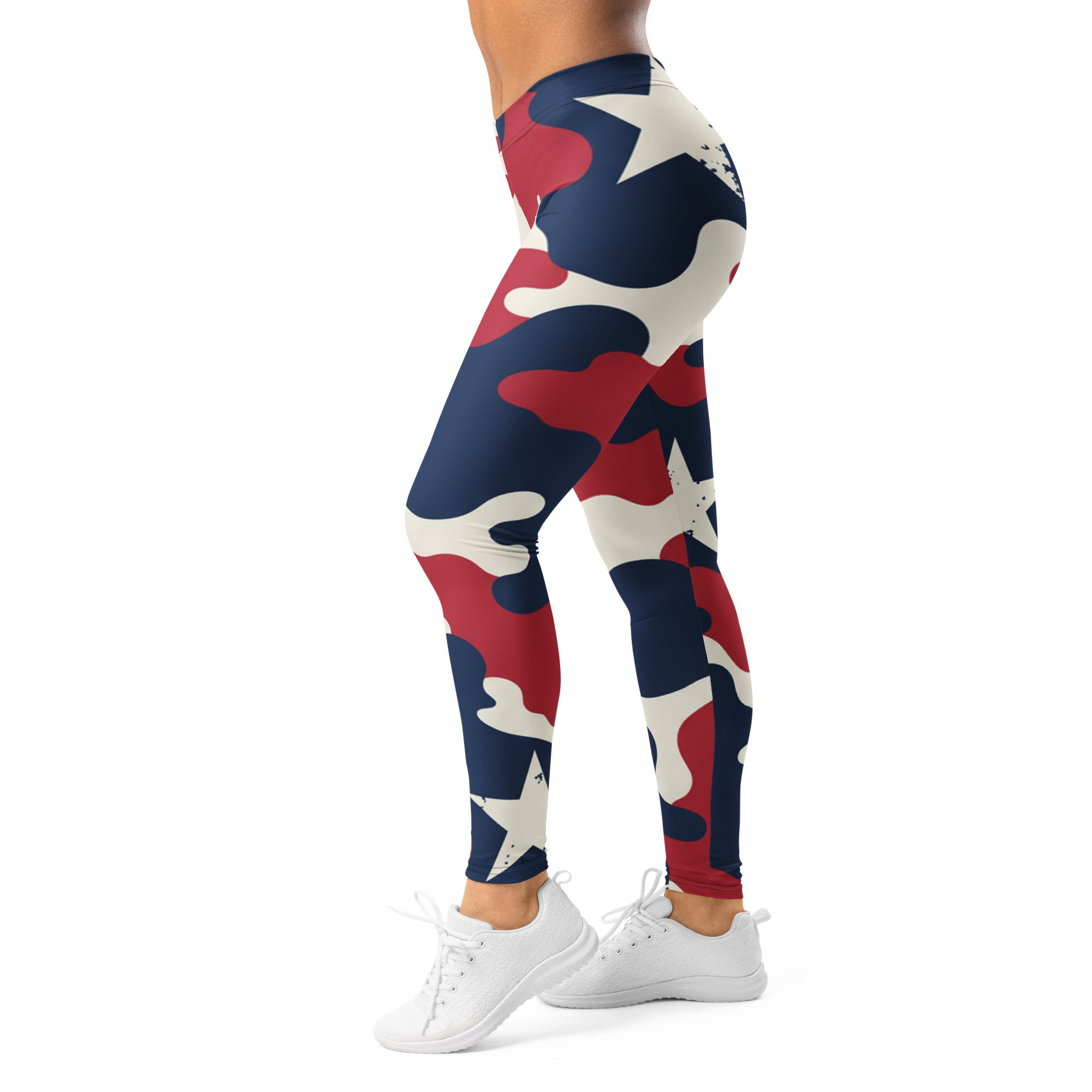 Women's red white blue camo stars leggings front view