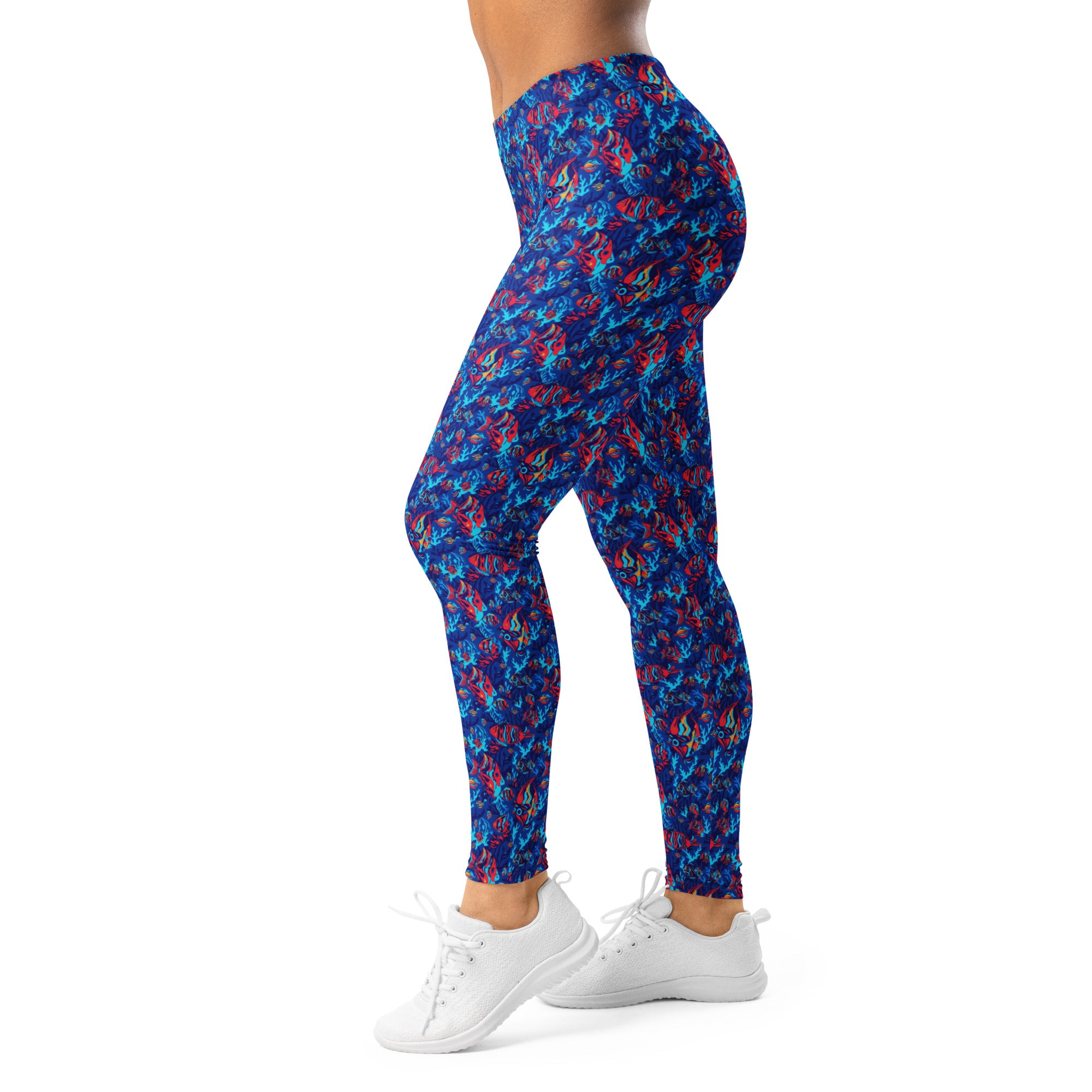 Women's colorful tropical fishes printed leggings front view
