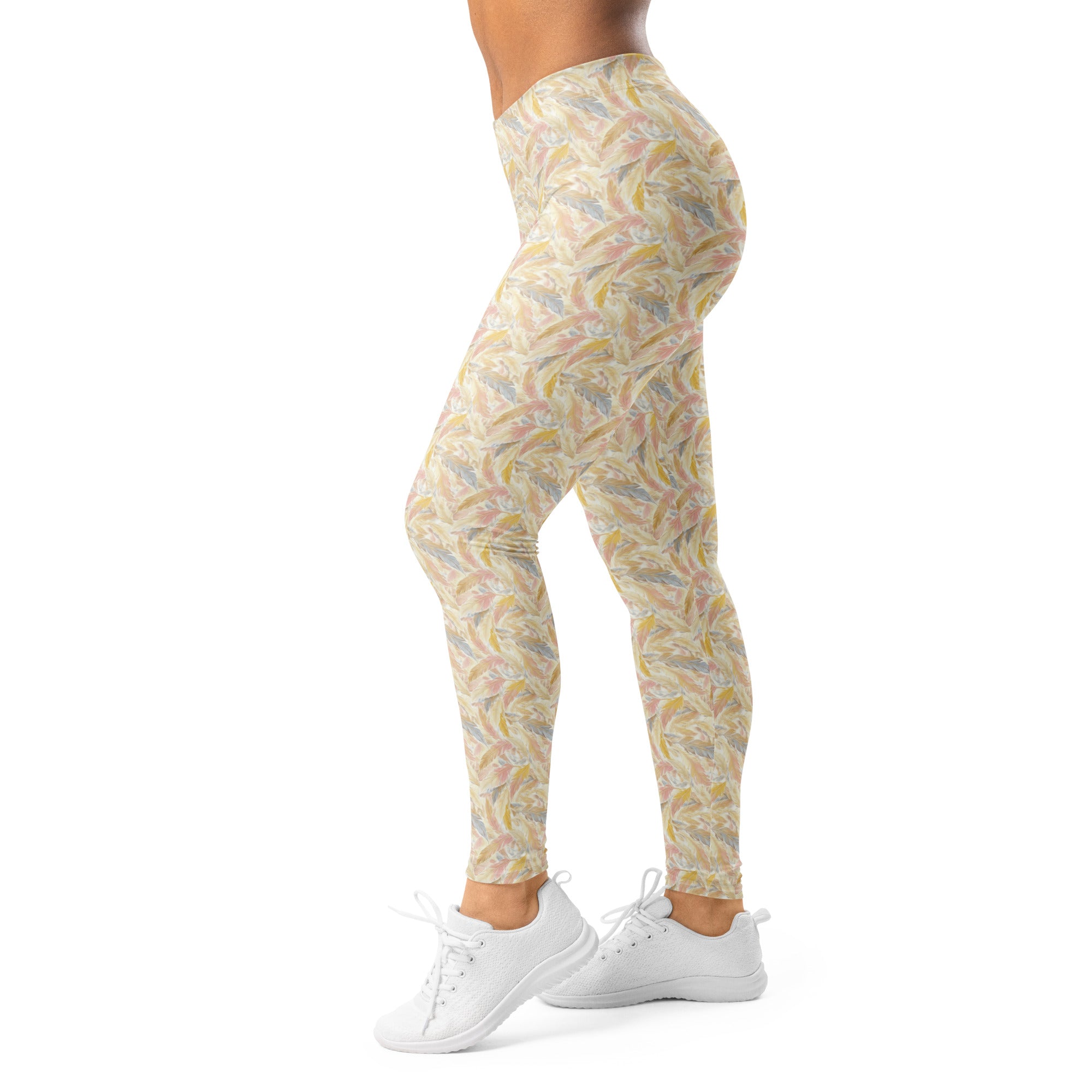 Women's white angel feathers printed leggings front view