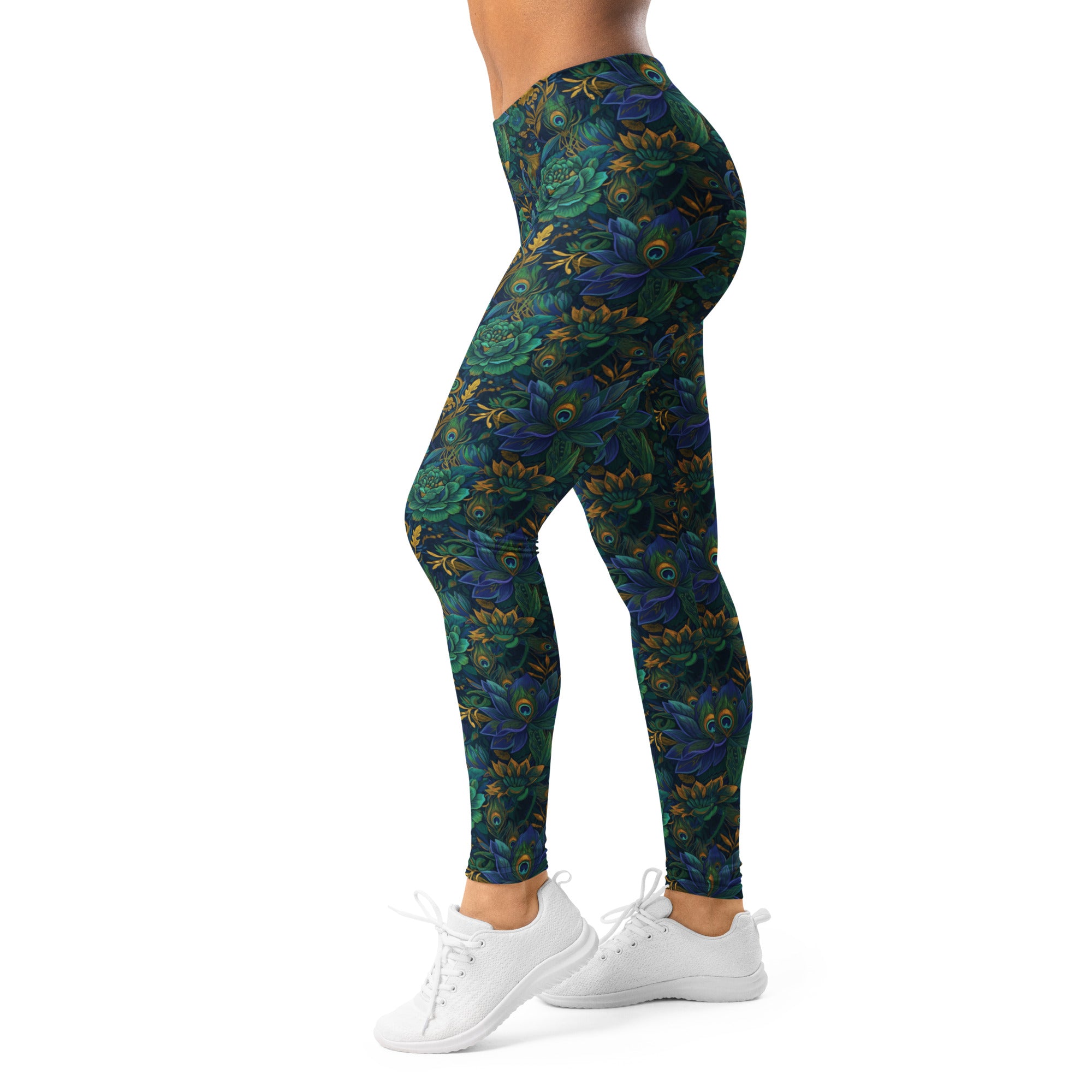 Women's peacock feathers printed leggings front view