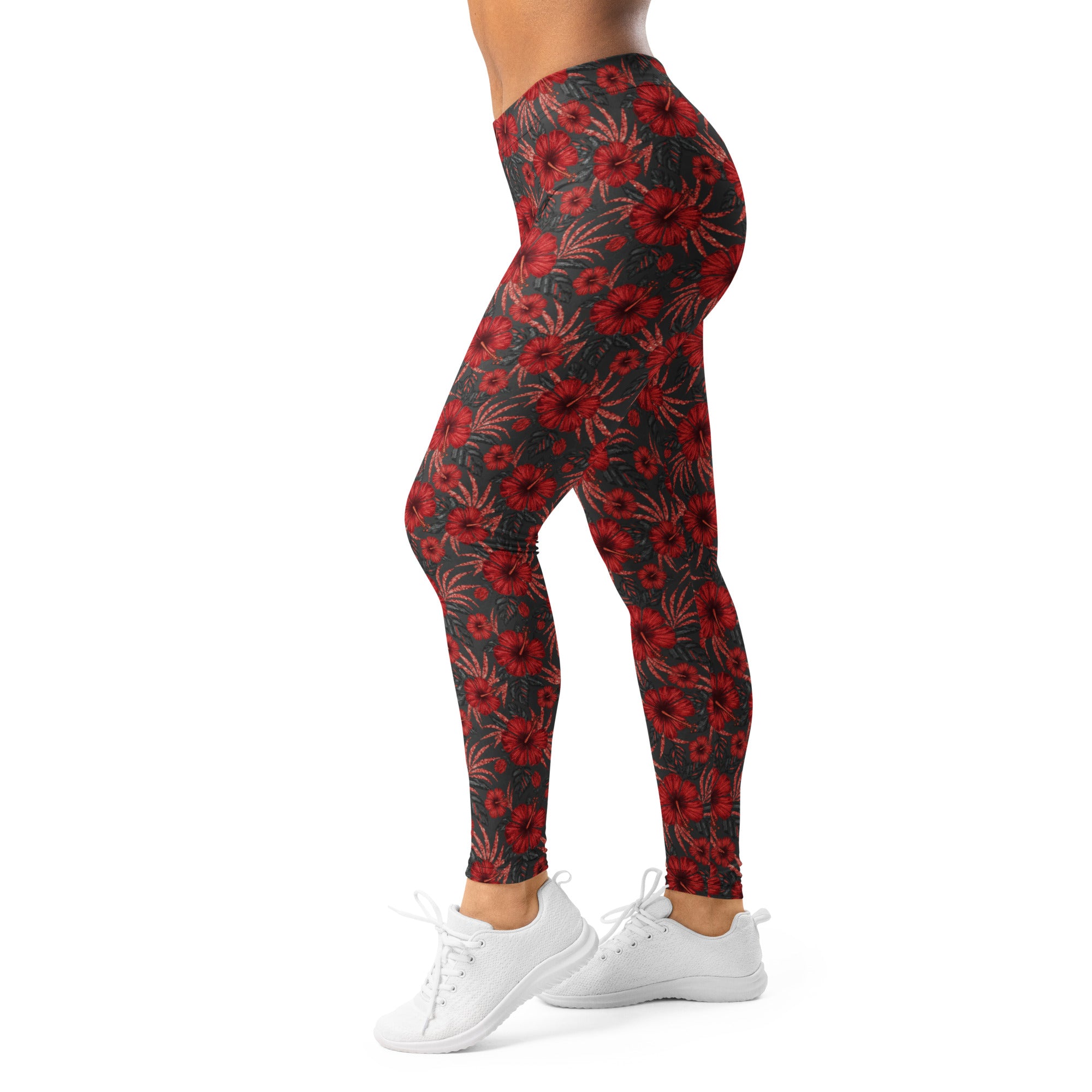 Women's scarlet hibiscus printed leggings front view