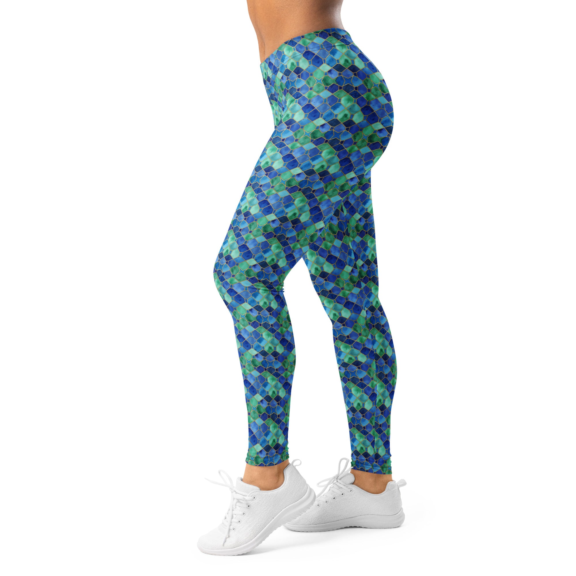 Women's ocean blues geometric leggings front view