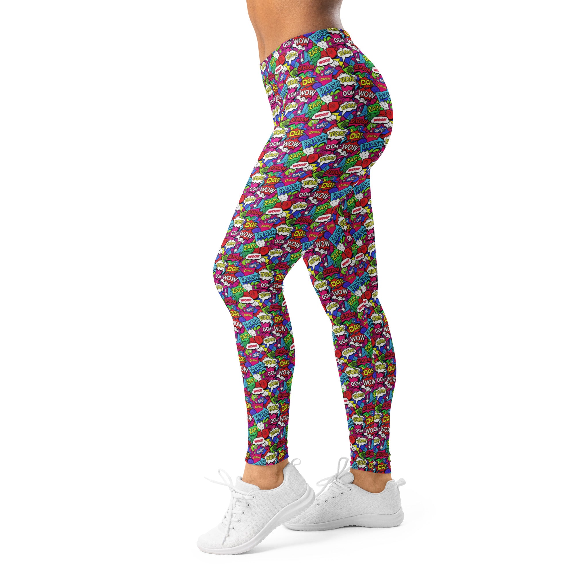 Women's comic pop neon pink printed leggings front view