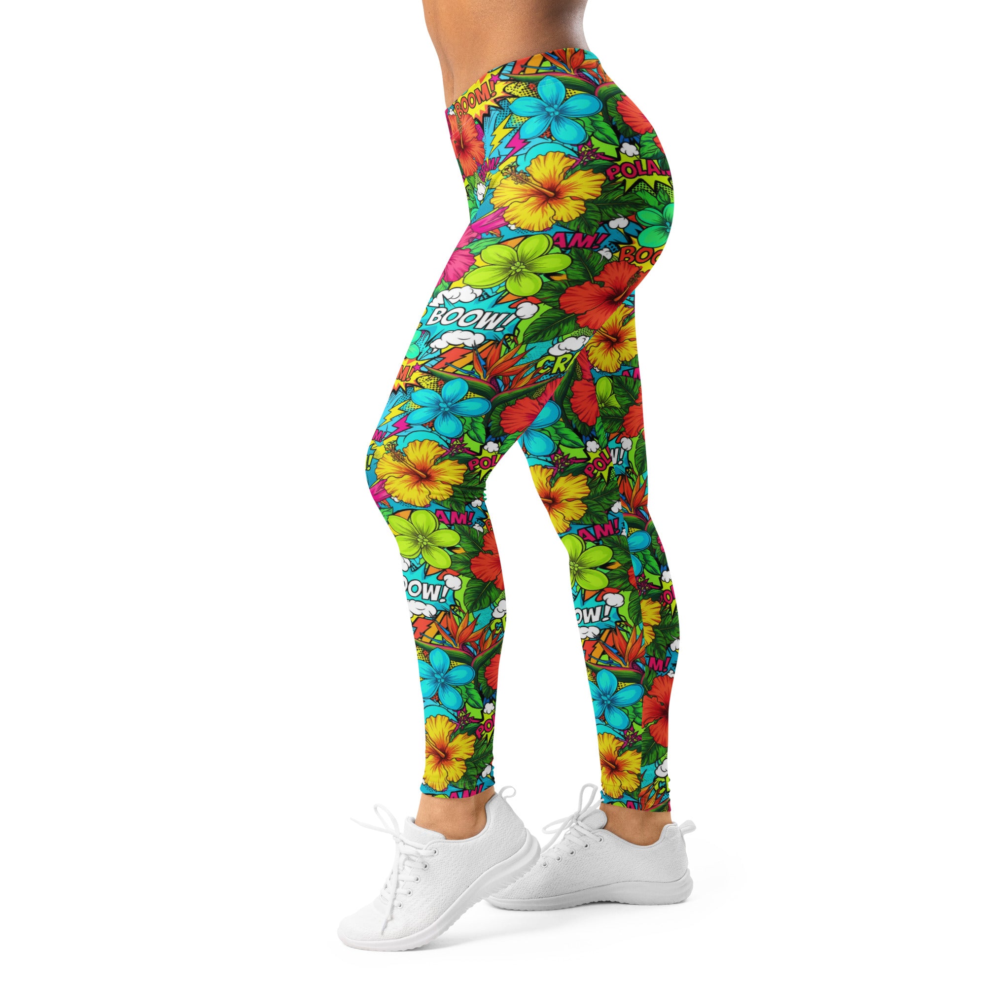 Women's comic pop tropical leggings front view
