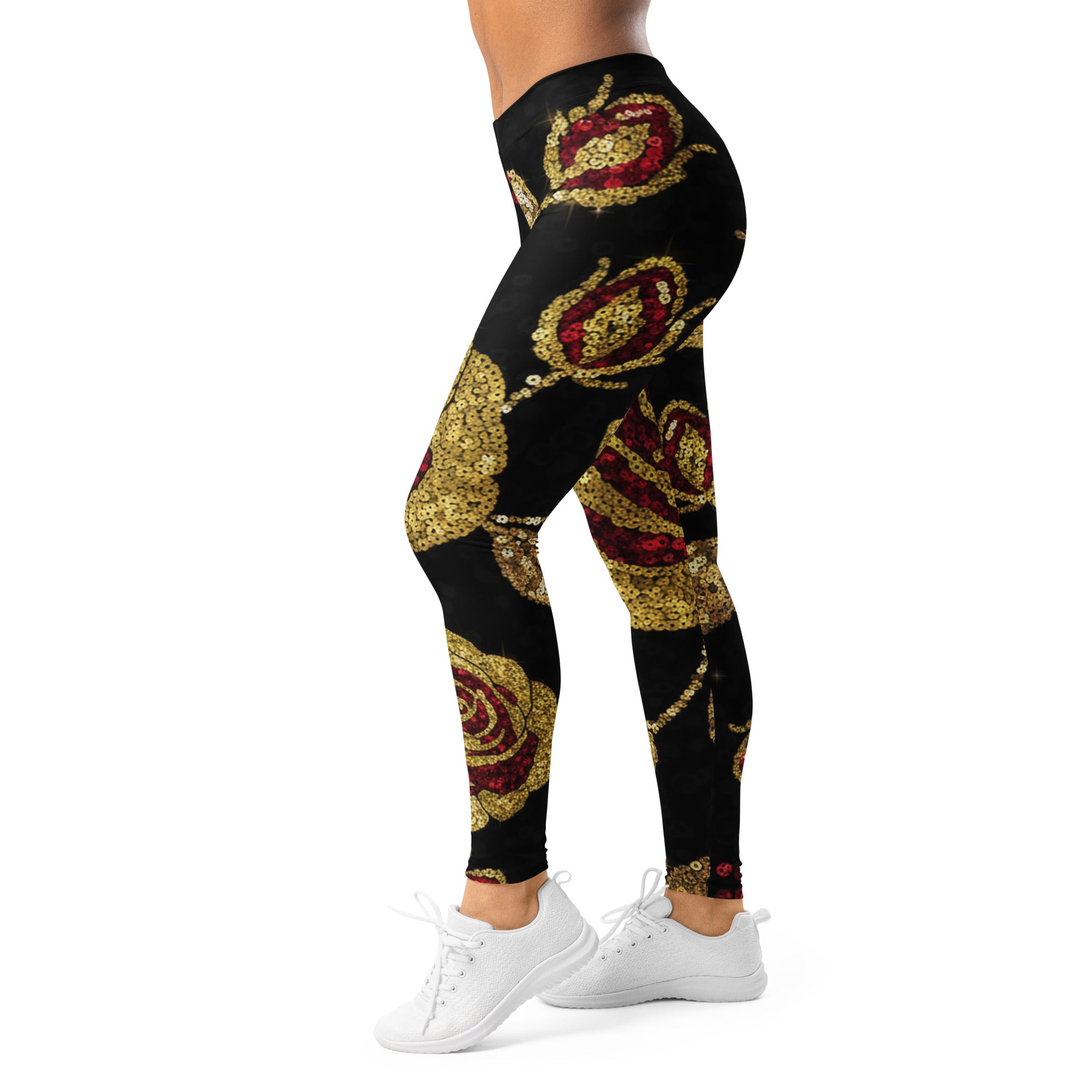 Women's gold paillette rose printed leggings front view