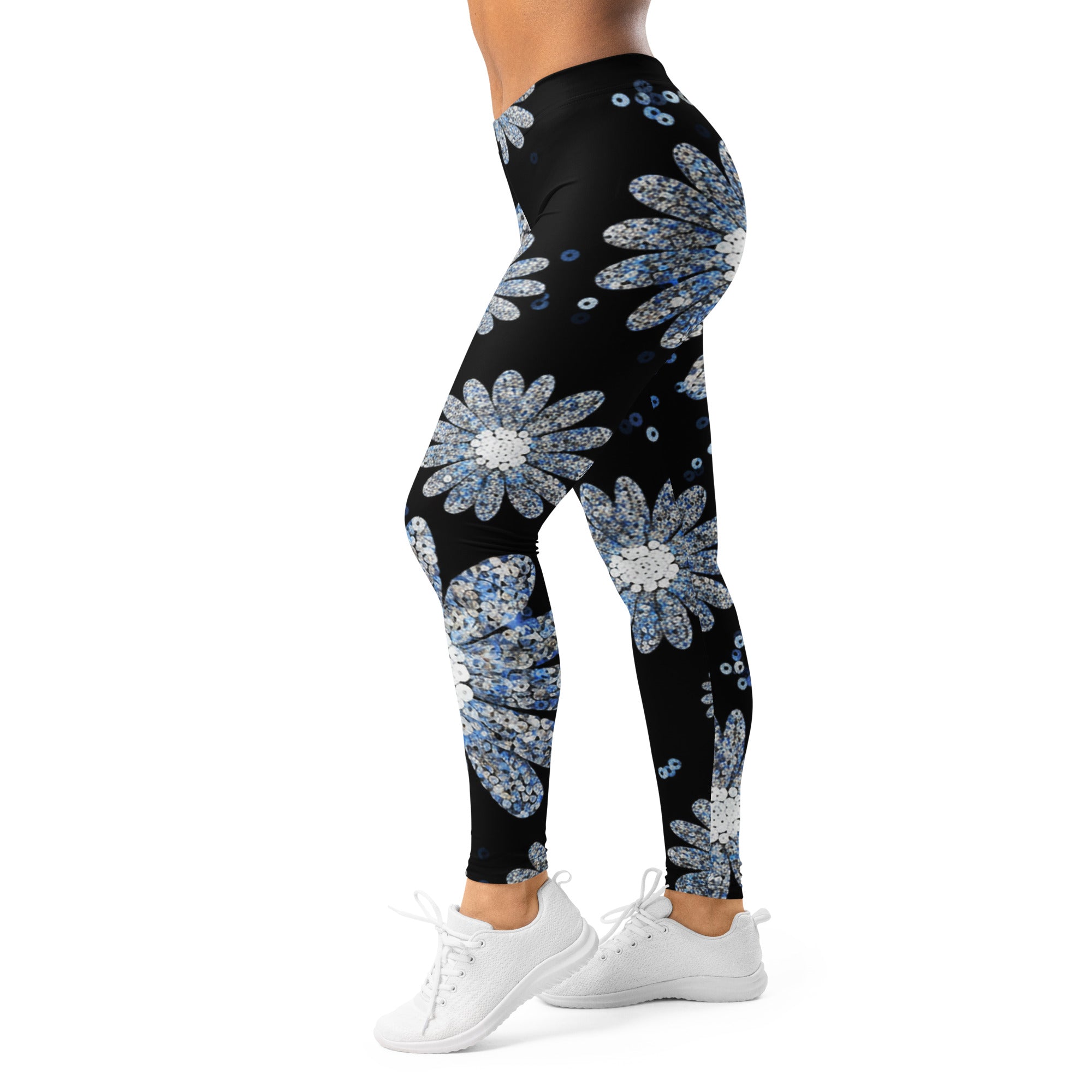 Women's silver paillette daisy leggings front view