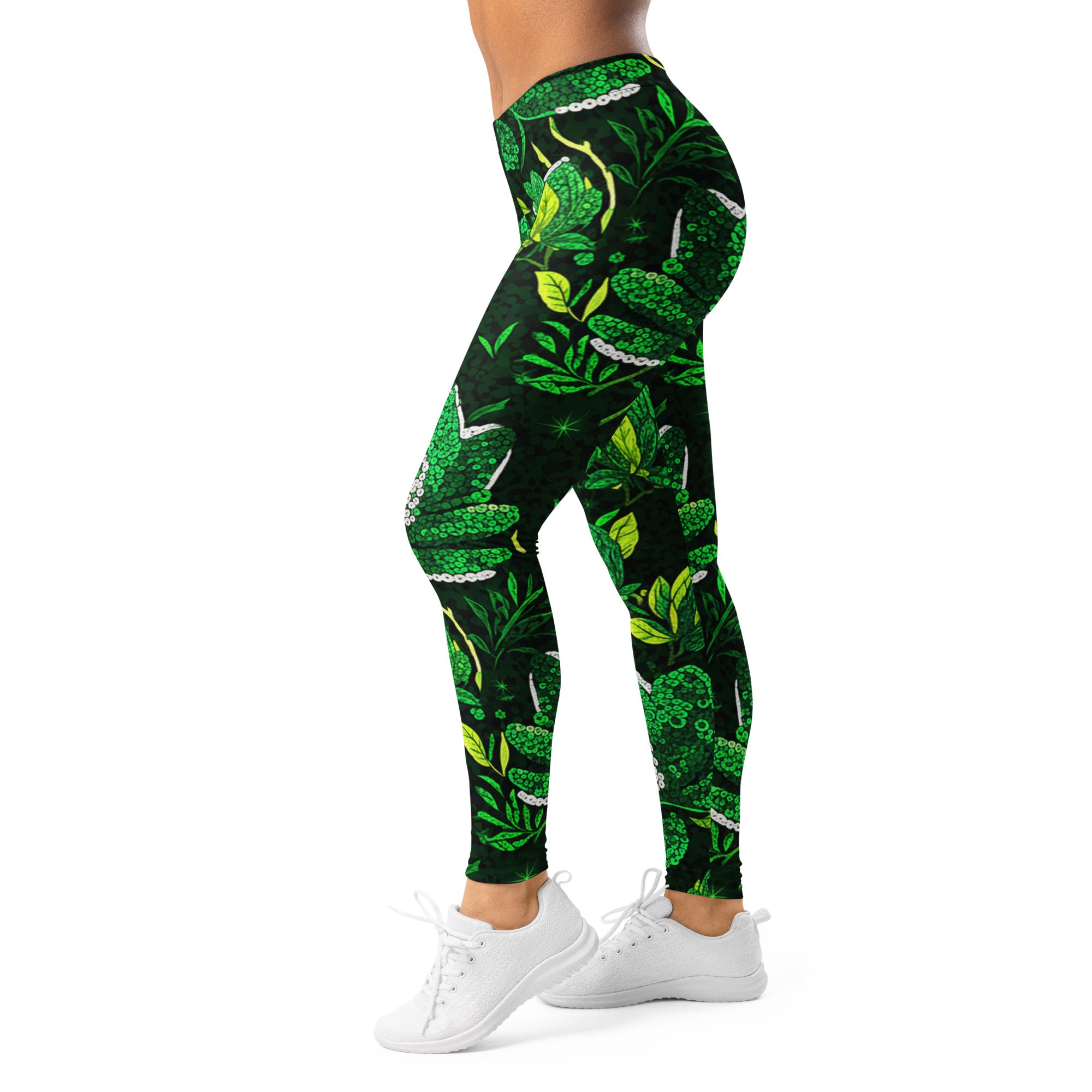 Women's emerald paillette magnolia printed leggings front view