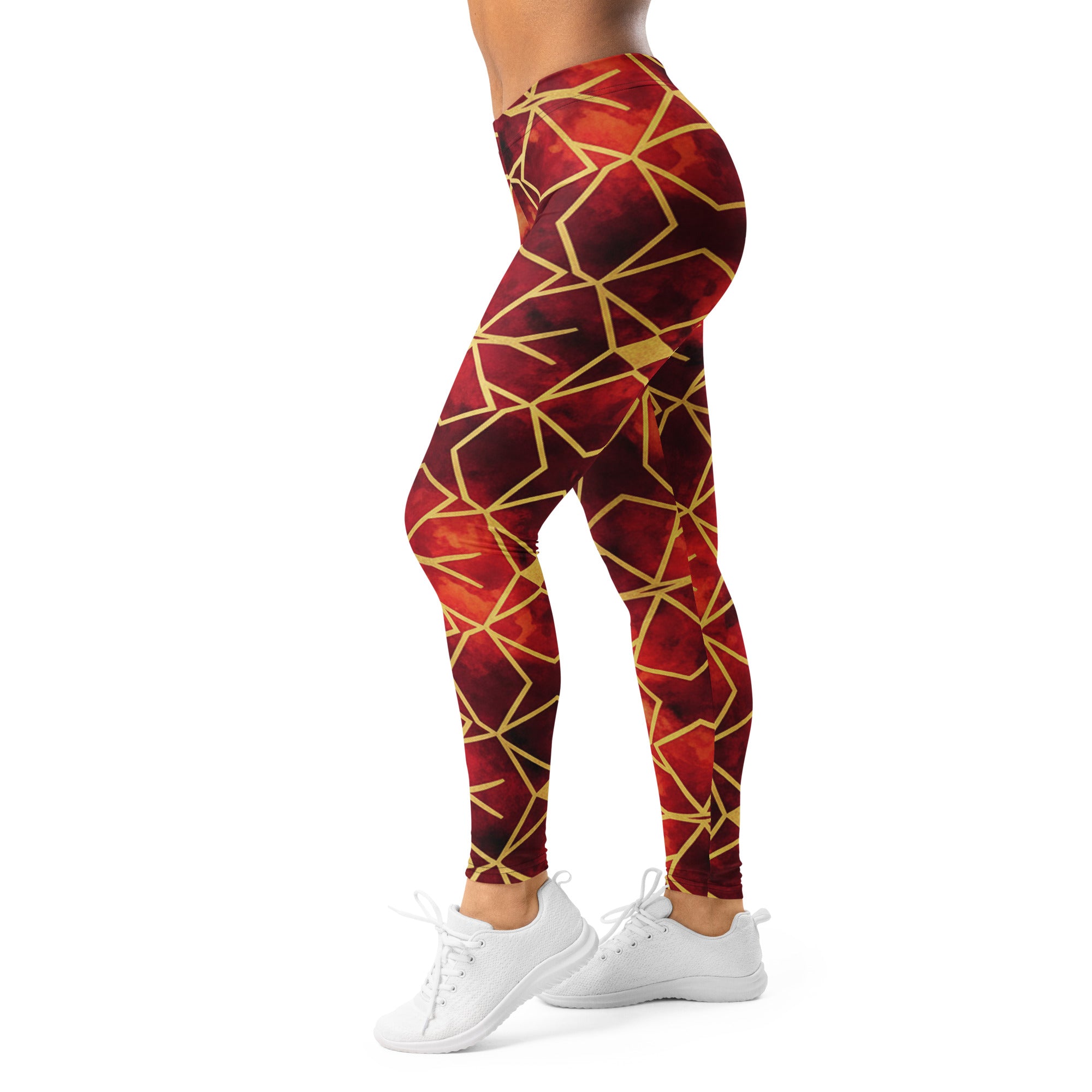 Women's ruby gold geometric printed leggings front view