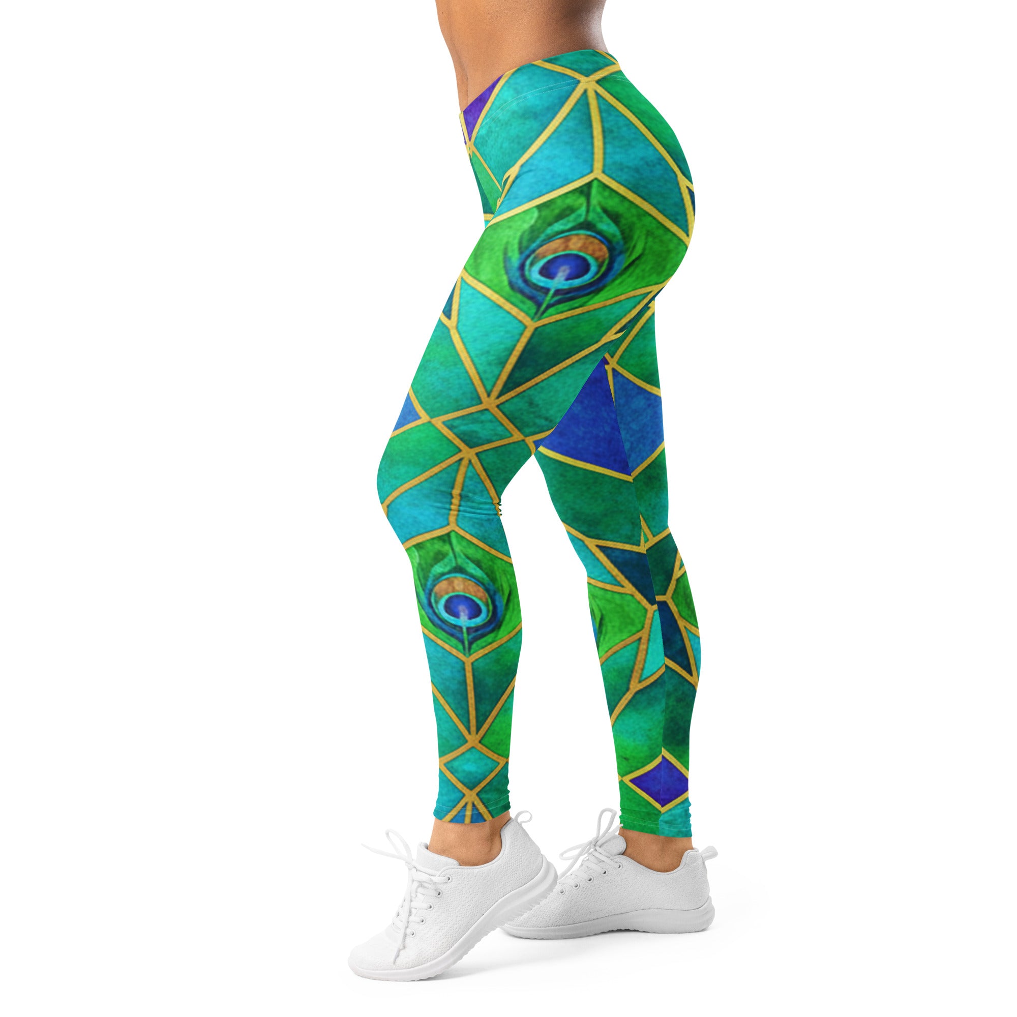 Women's arabic peacock plume printed leggings front view