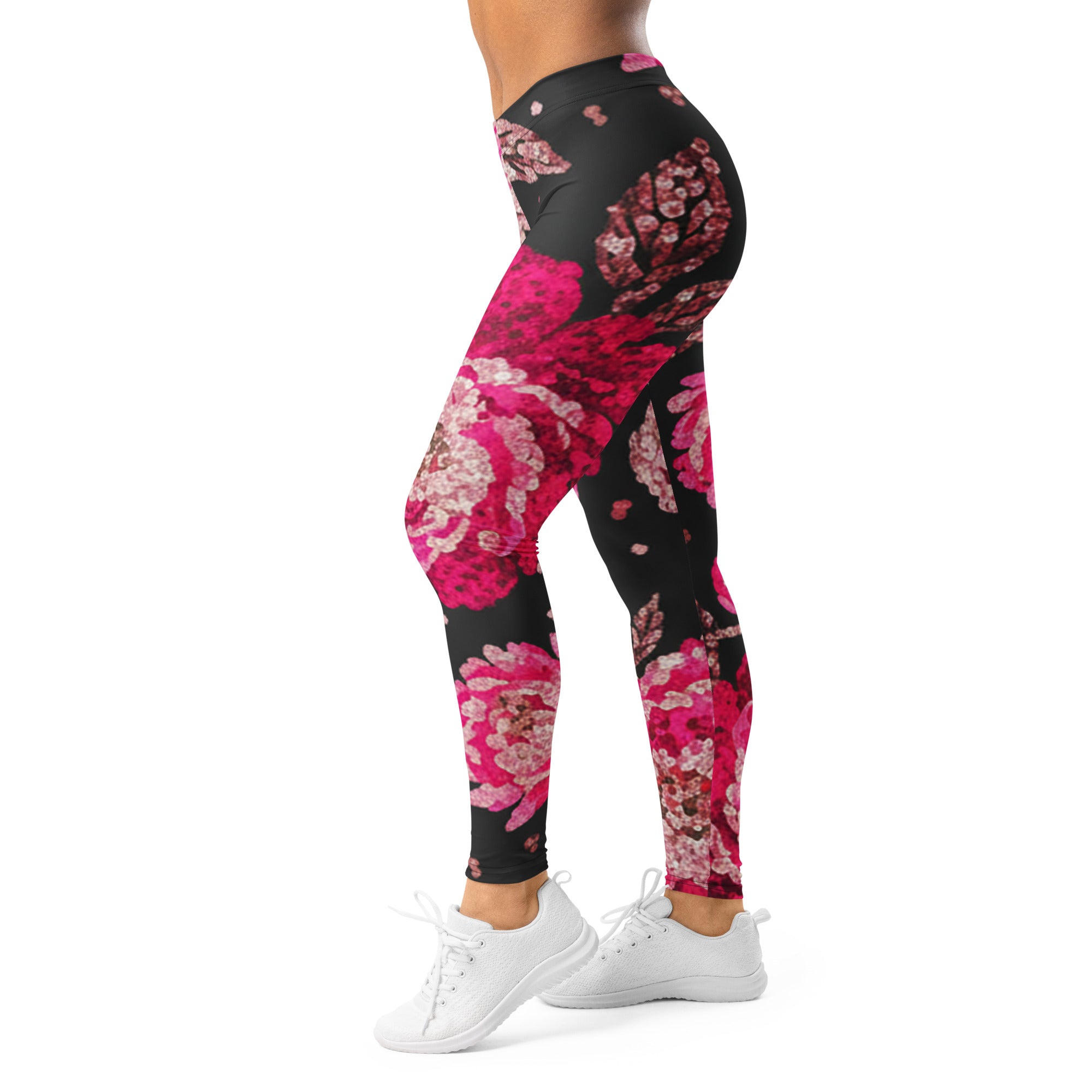Women's pink paillette peony printed leggings front view