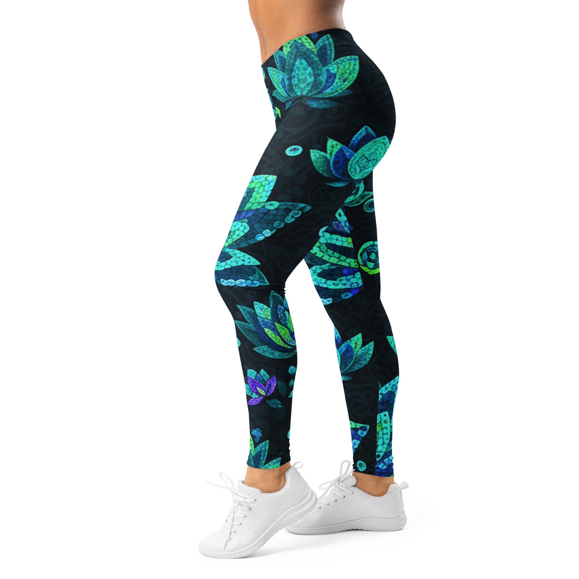 Women's teal lotus printed leggings front view