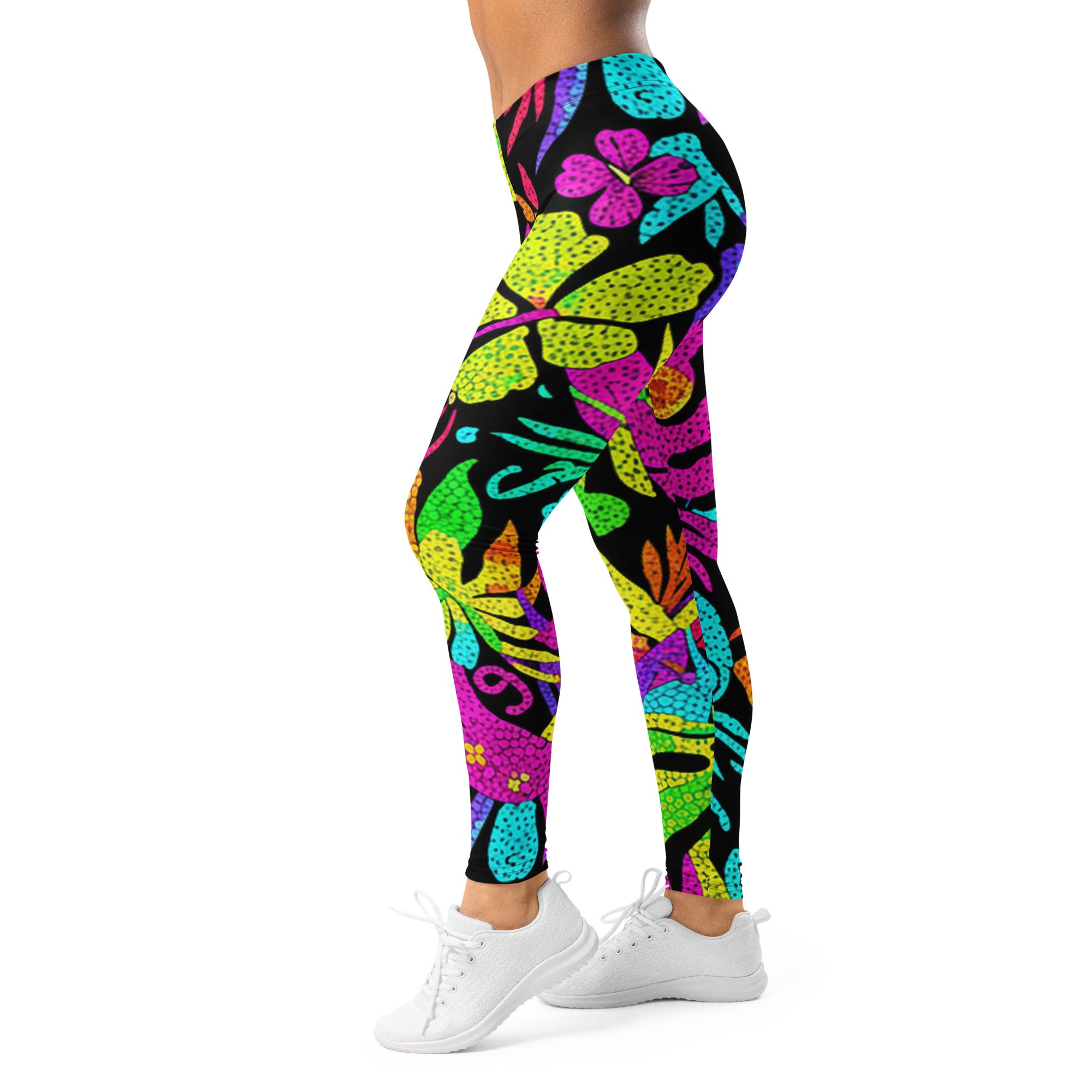 Women's rainbow tropical paillette leggings front view