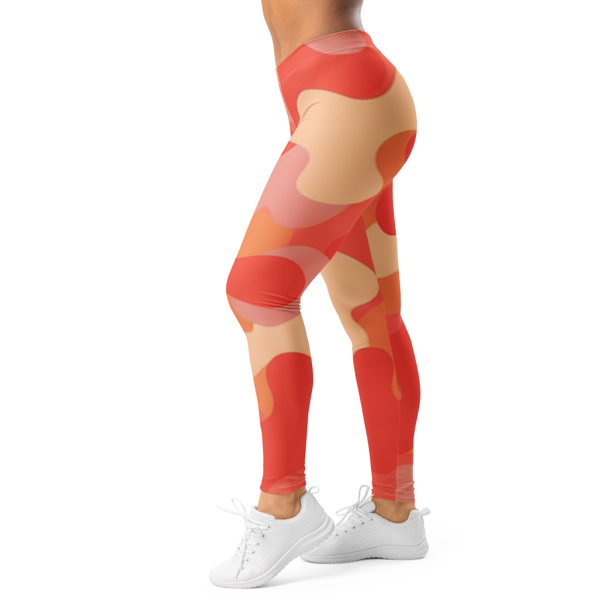 Women's coral sunset camo leggings front view