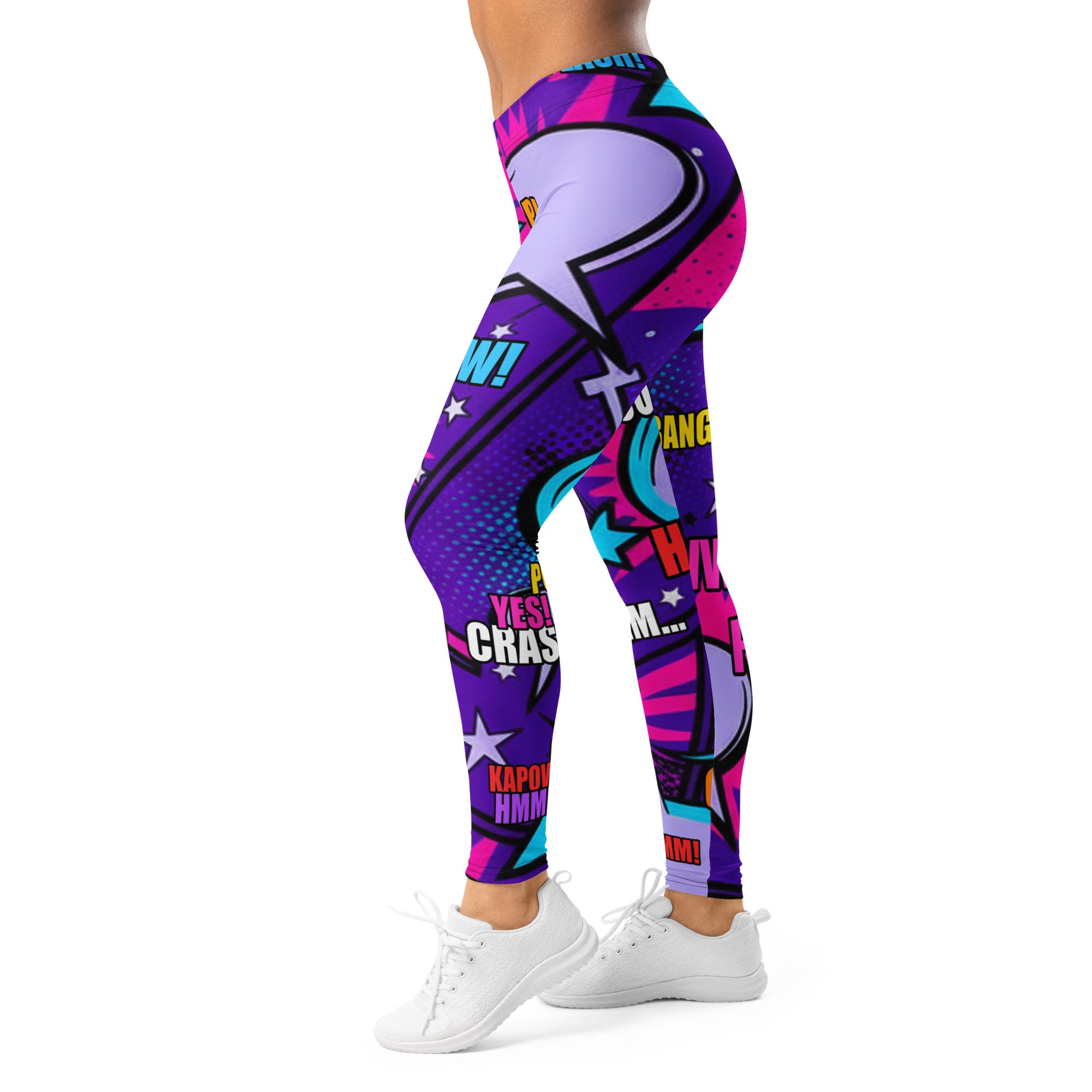 Women's comic pop galaxy purple printed leggings front view