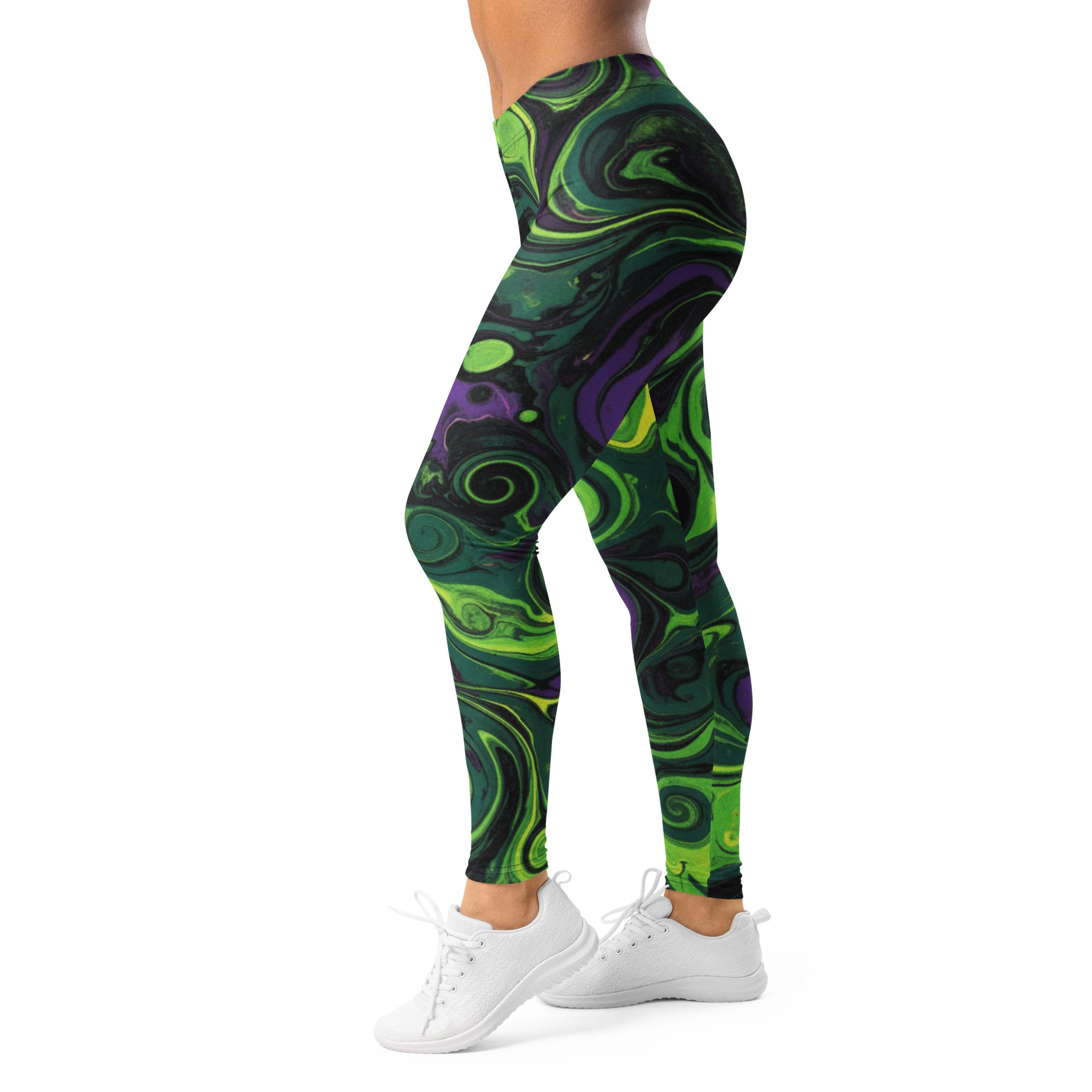 Women's liquid marble toxic slime printed leggings front view