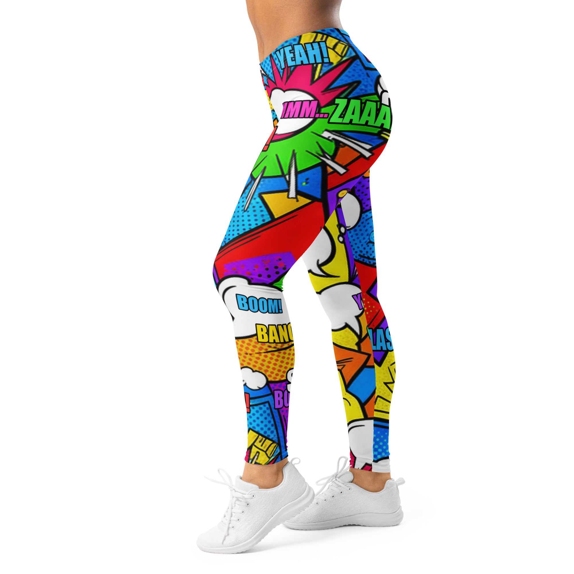 Women's comic strip classic hero printed leggings front view
