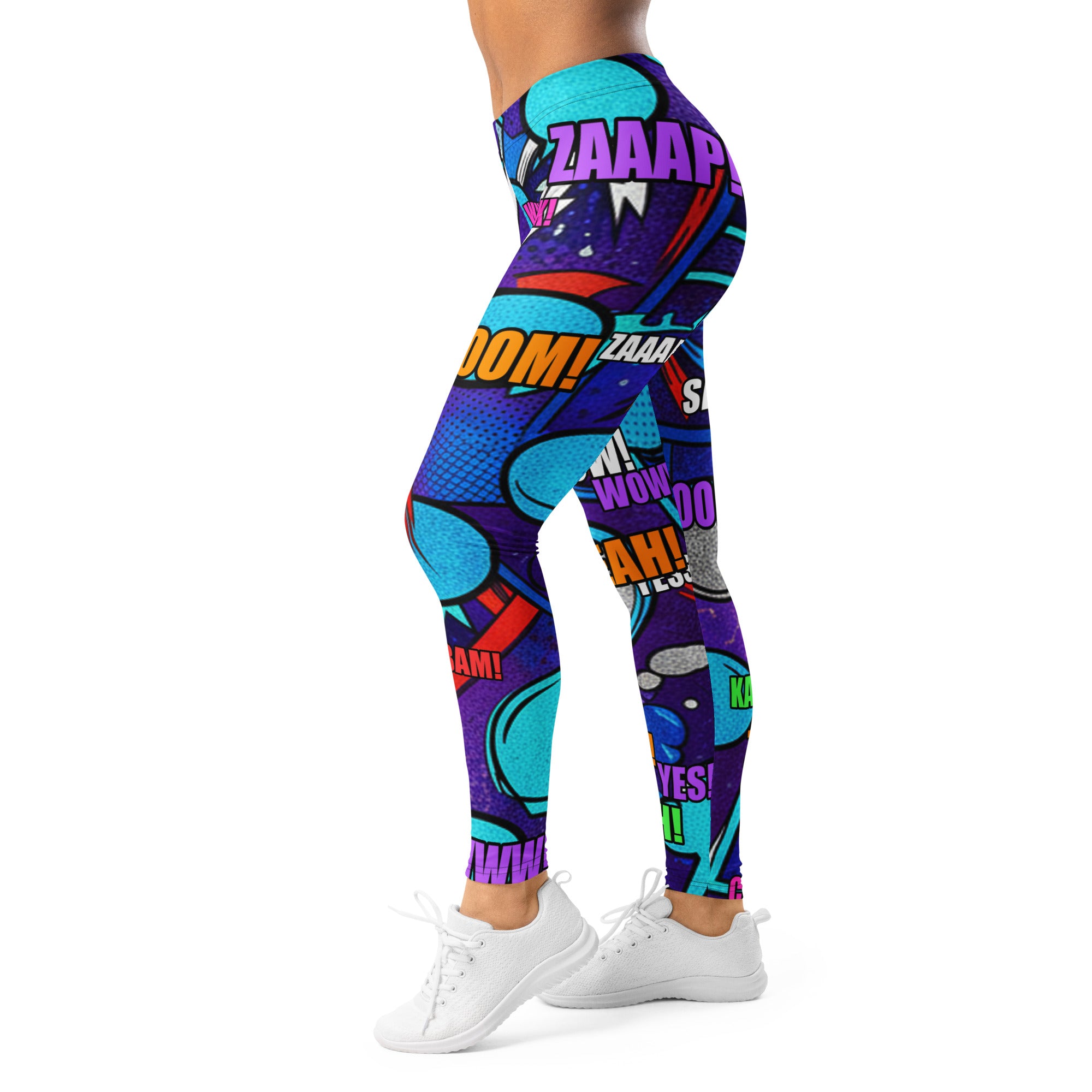 Women's comic strip space battle printed leggings front view