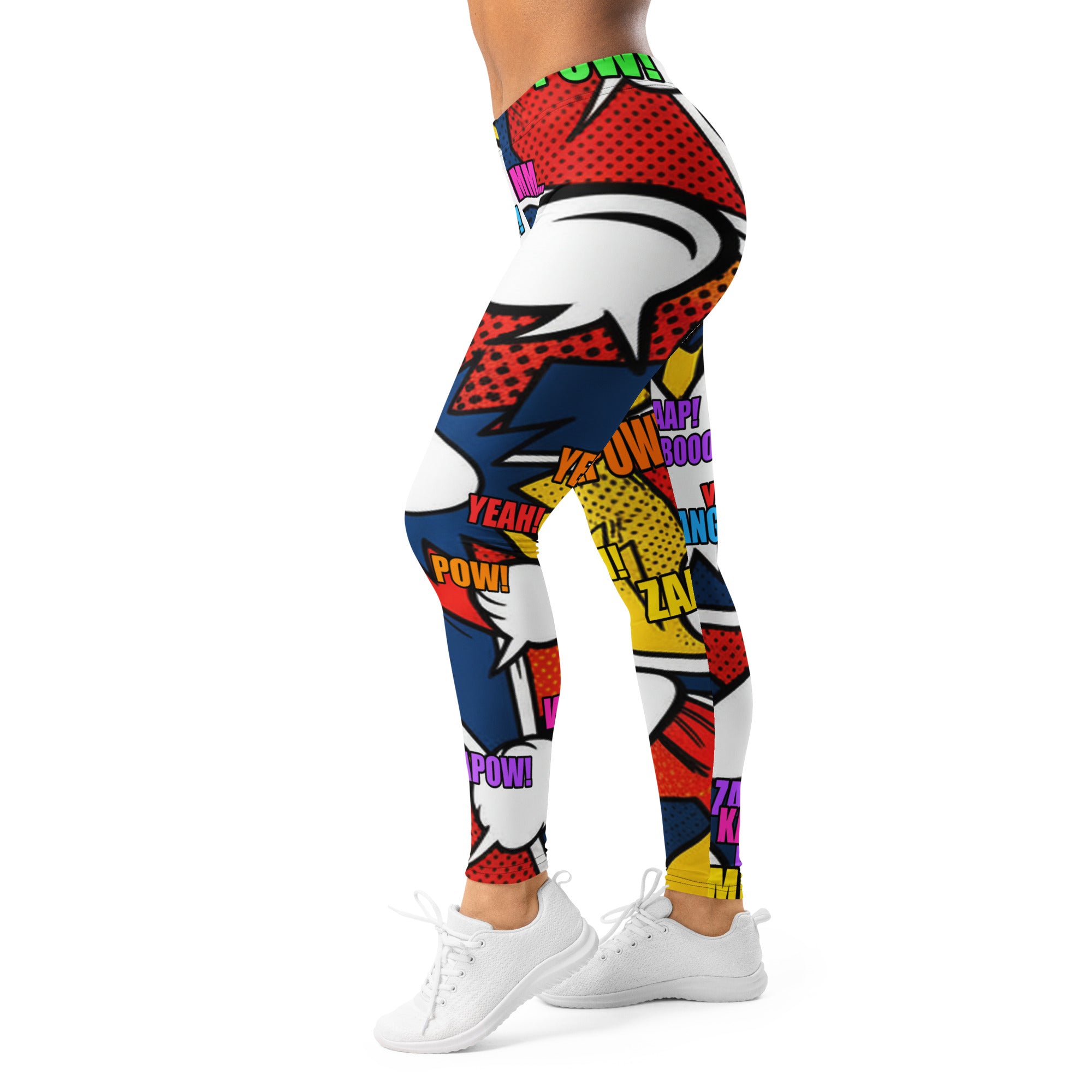 Women's comic strip thunder punch printed leggings front view