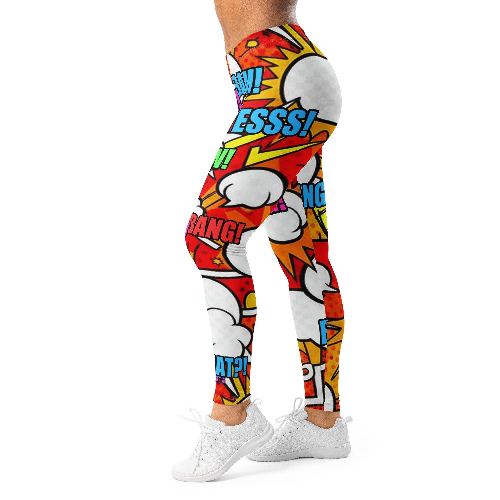 Women's comic pop fire engine printed leggings front view