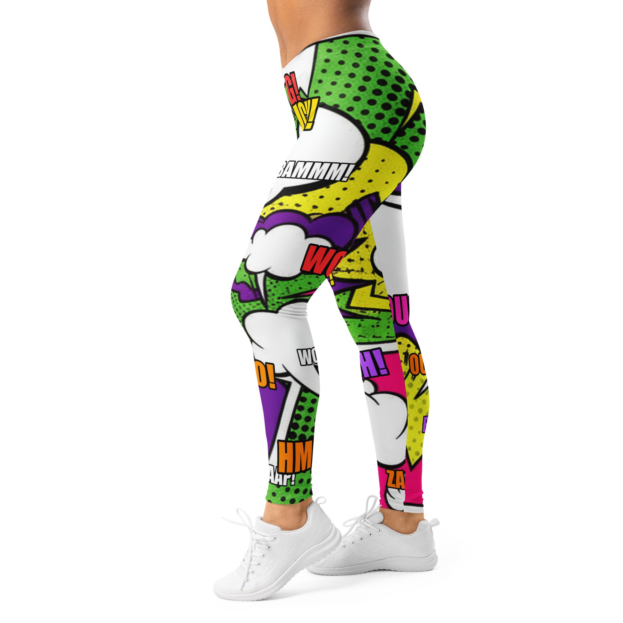 Women's comic strip neon villain printed leggings front view