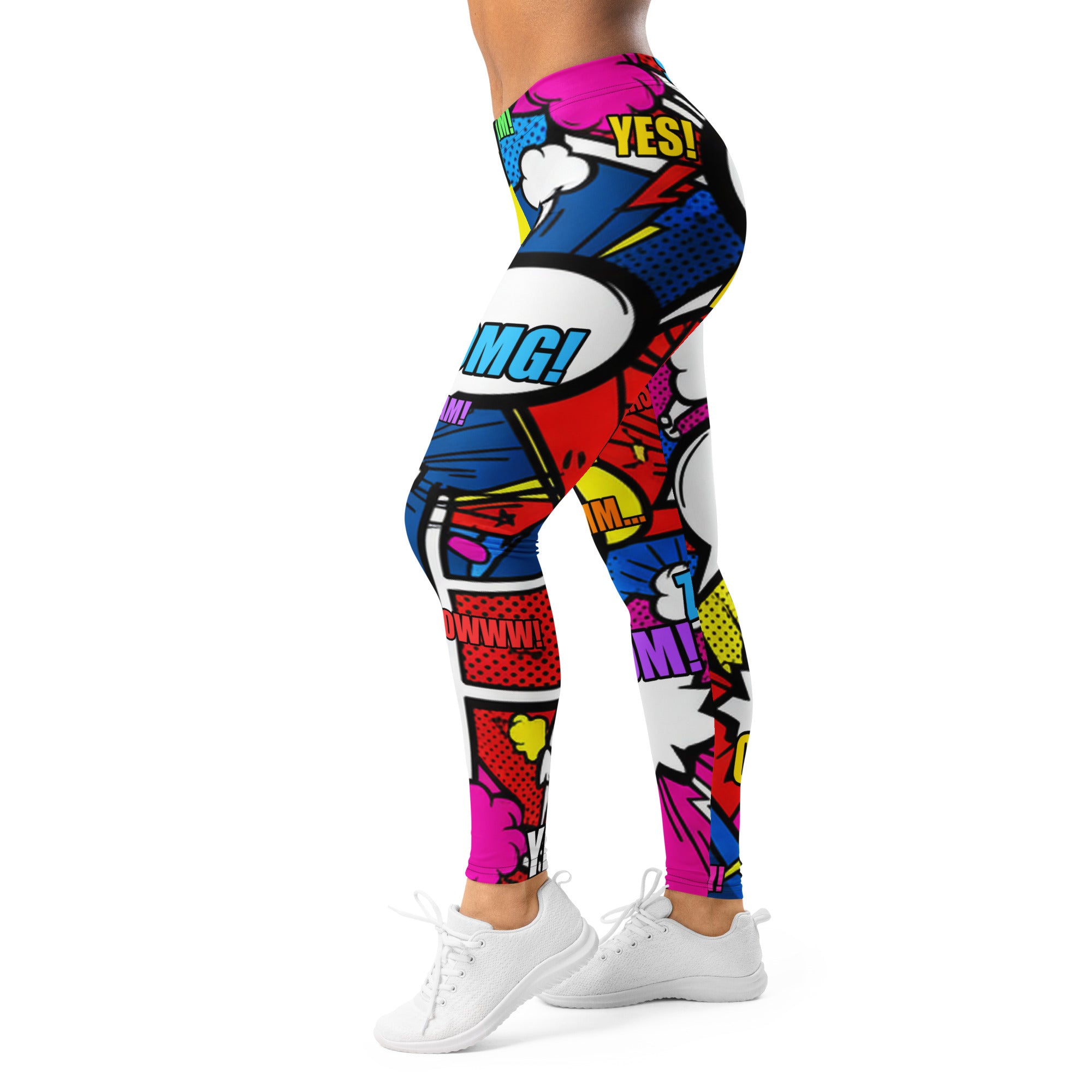 Women's comic strip ninja night printed leggings front view