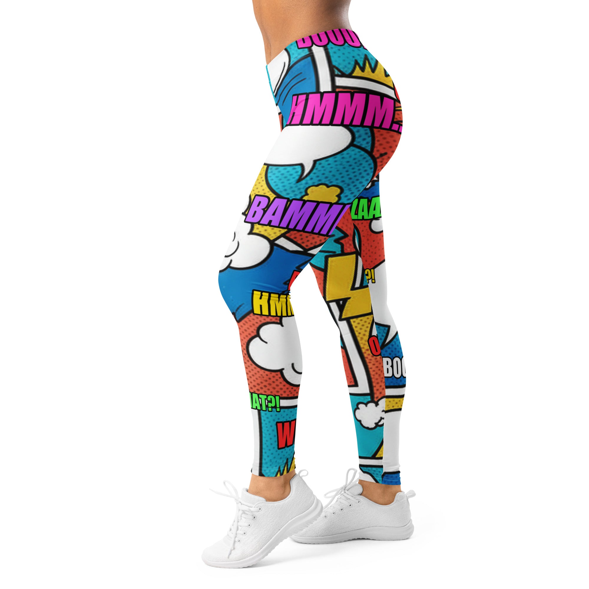 Women's comic strip surf kapow printed leggings front view