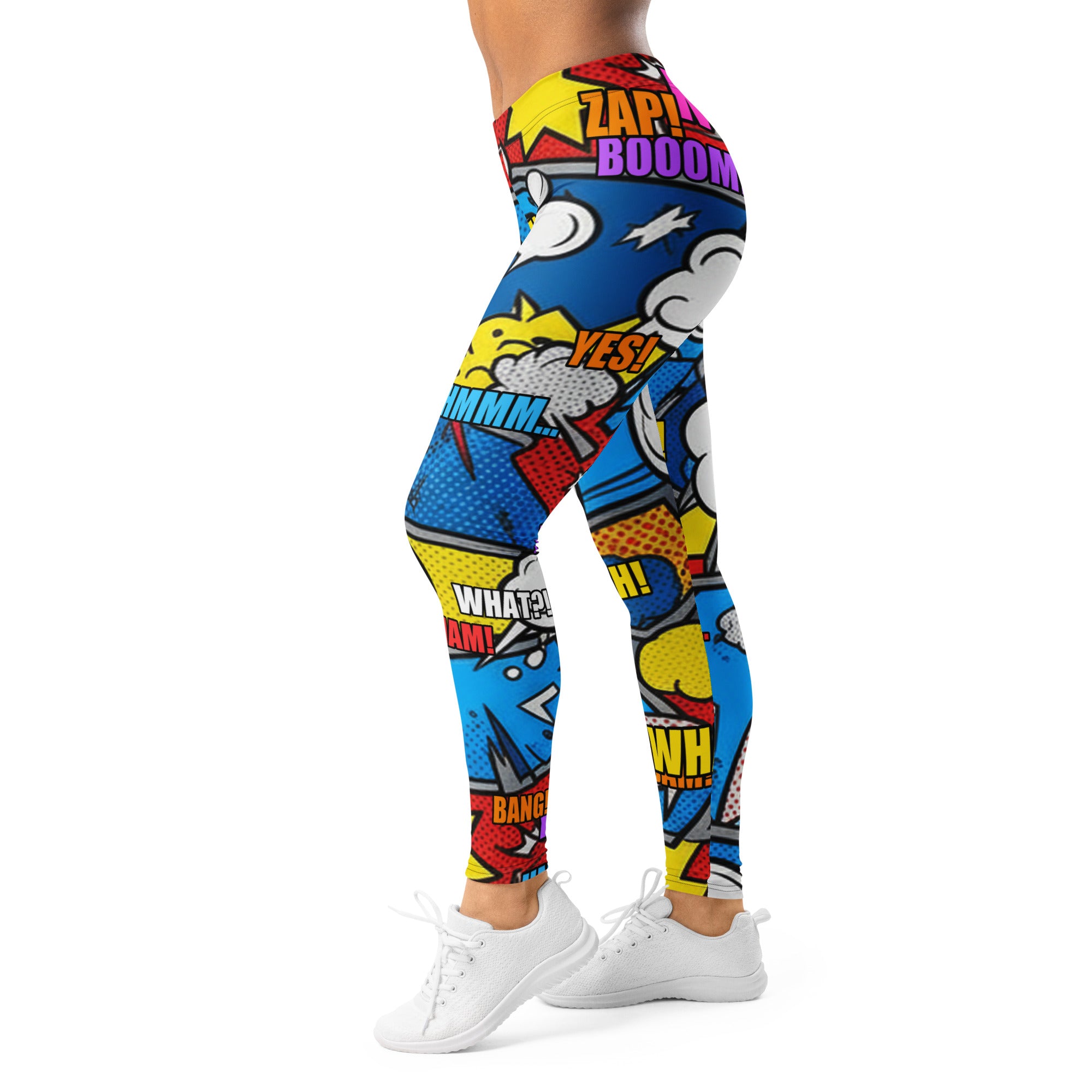 Women's comic strip robot wars printed leggings front view