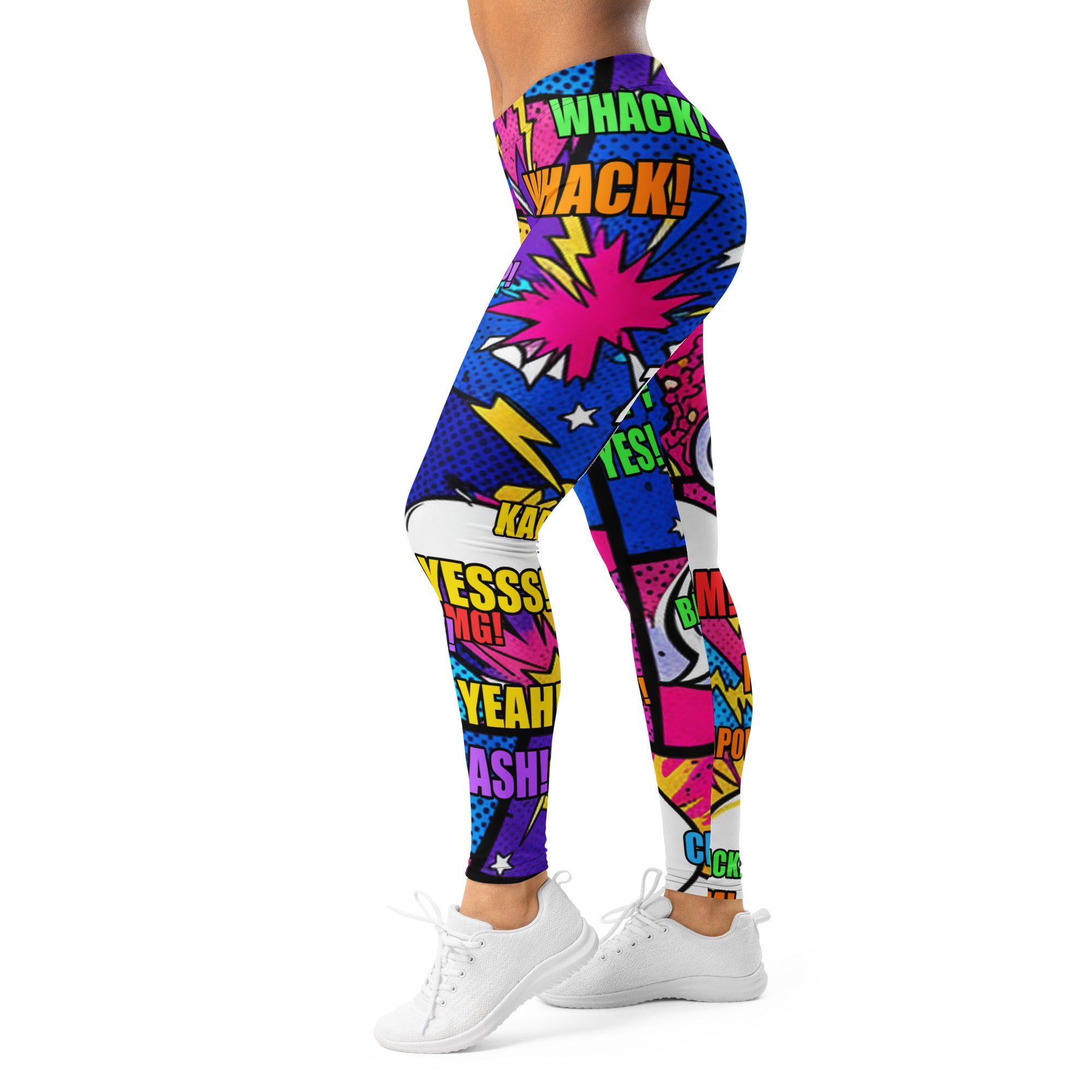 Women's cosmic boom comic strip leggings front view