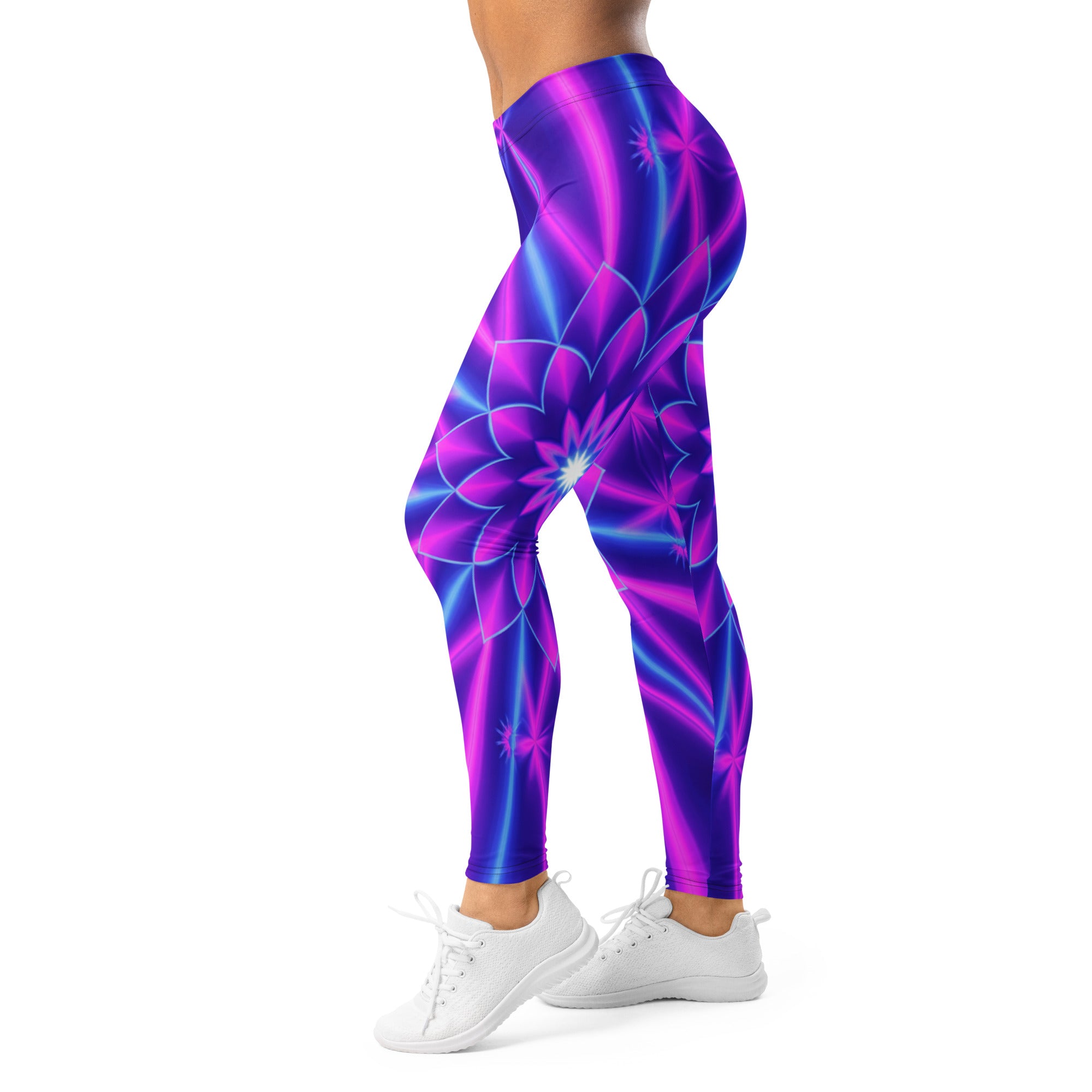 Women's psychedelic cosmic violet printed leggings front view