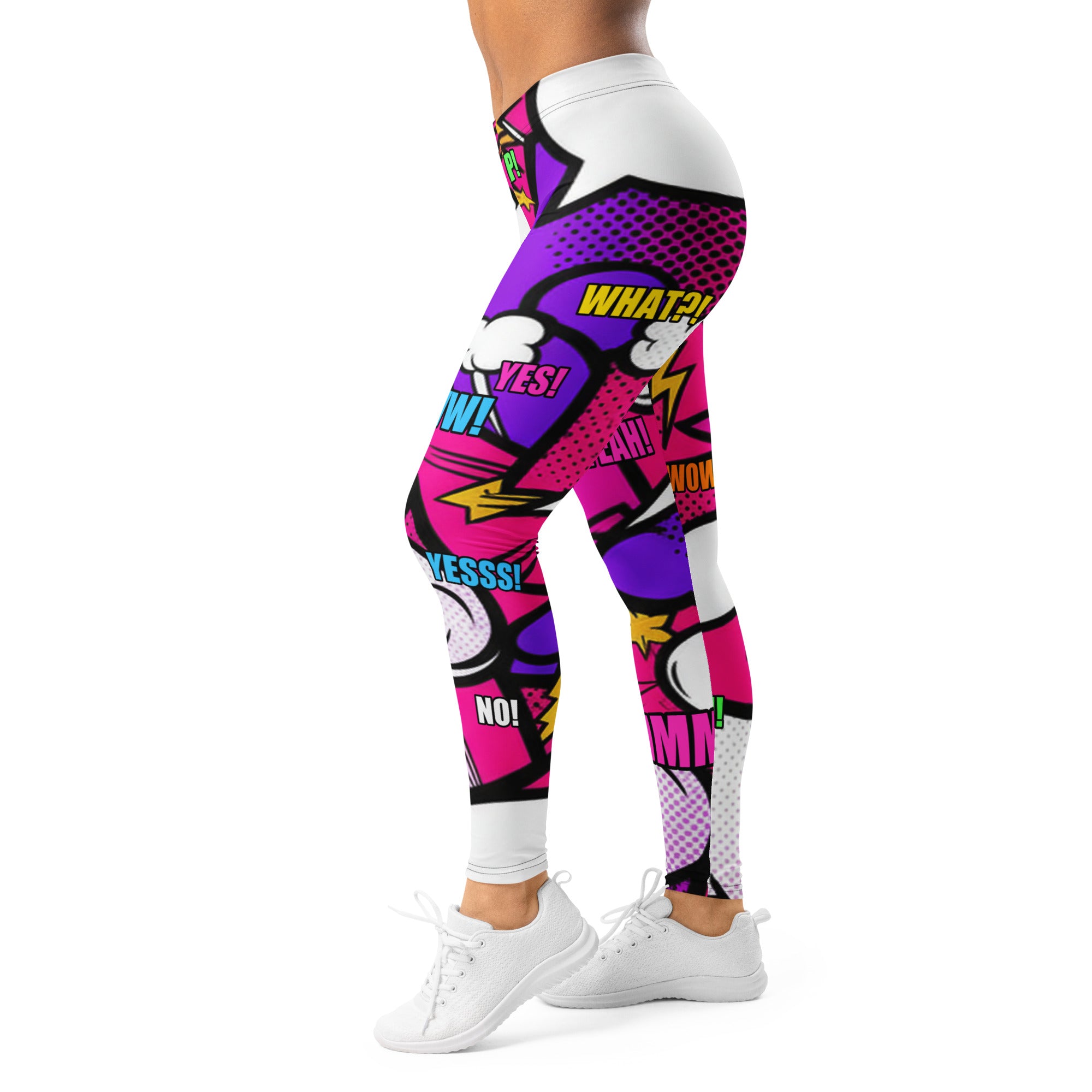 Women's comic strip girl power printed leggings front view