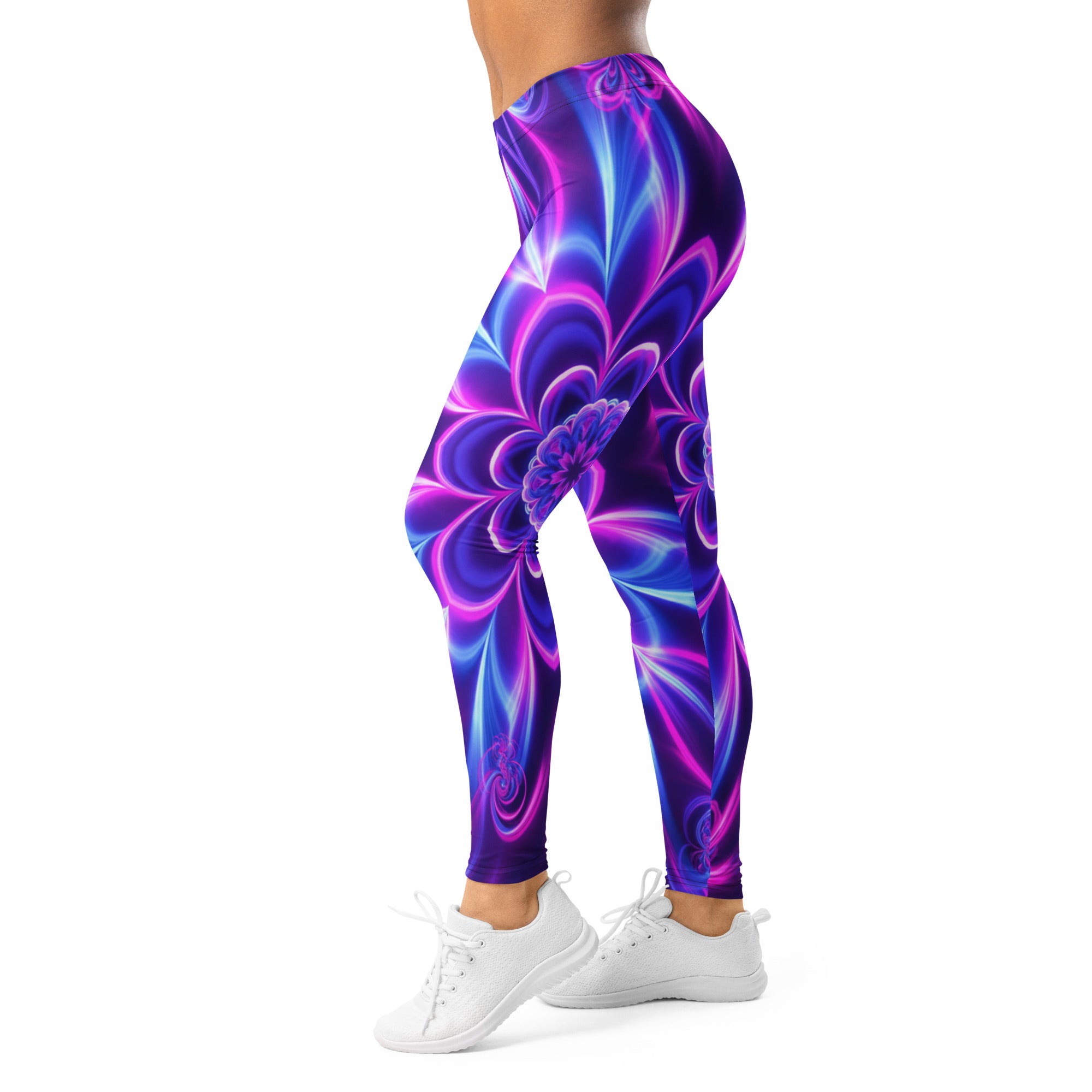Women's psychedelic ultraviolet bloom printed leggings front view
