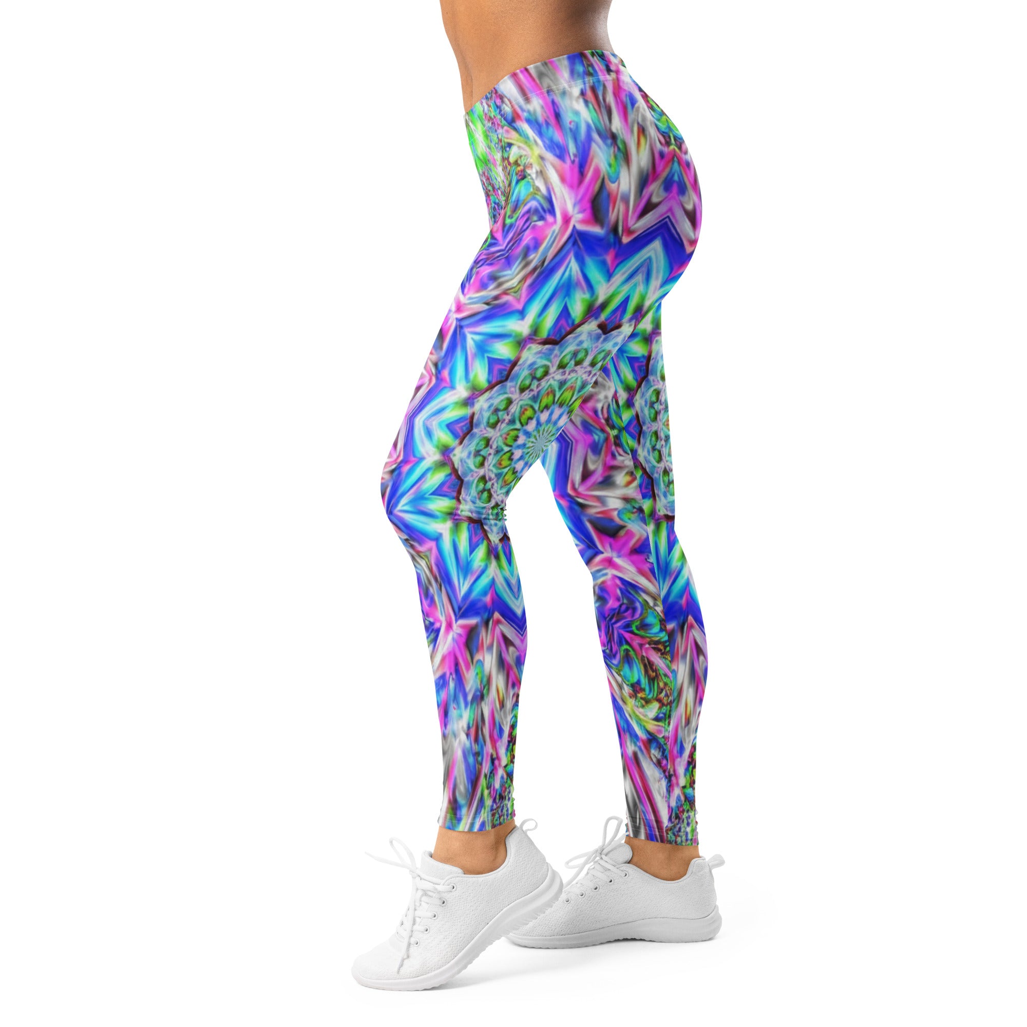 Women's psychedelic chrome spectrum leggings front view