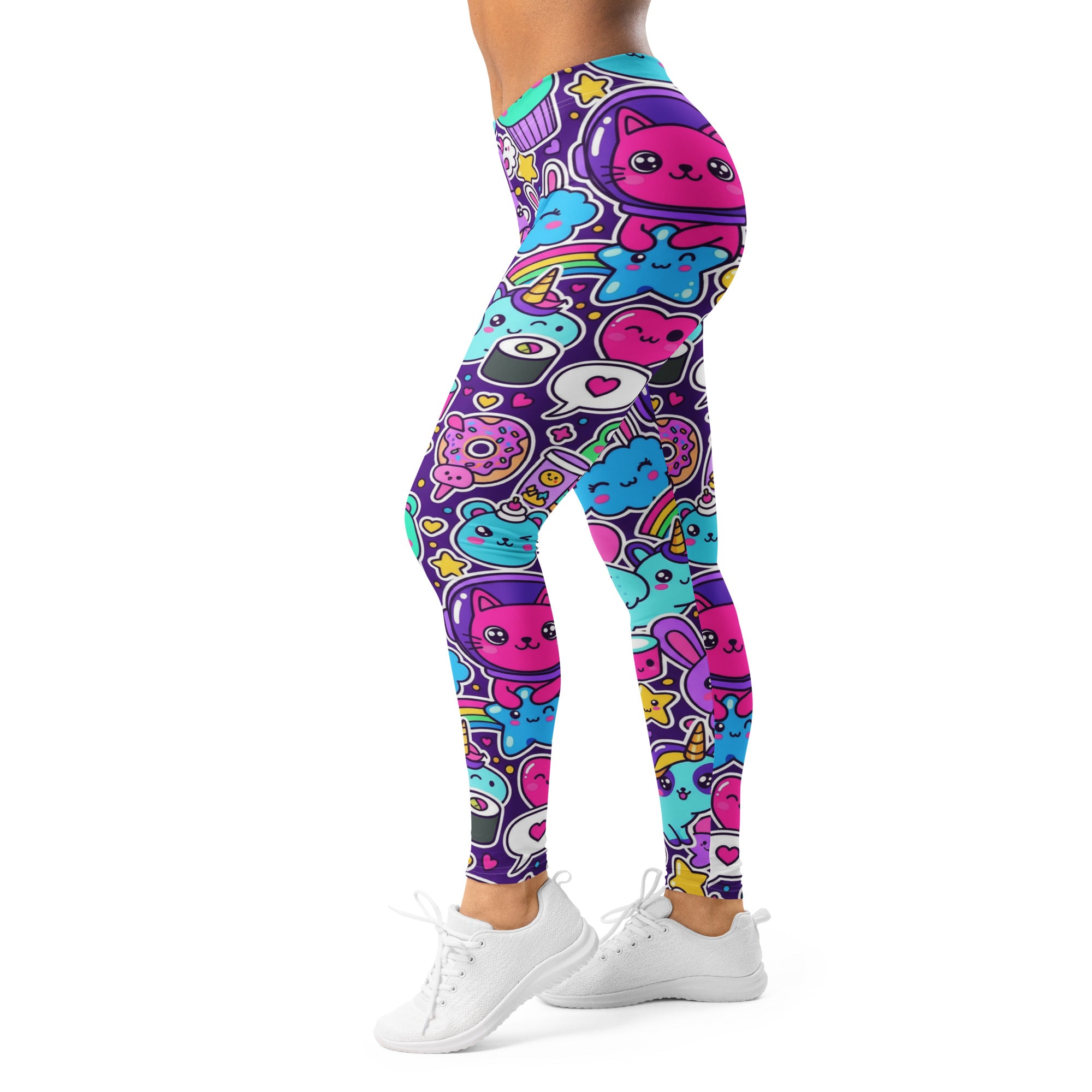 Women's kawaii space cats printed leggings front view