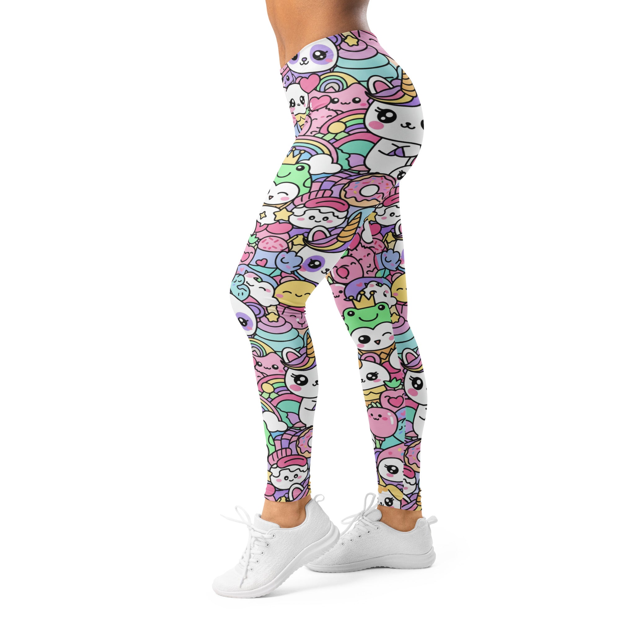 Women's kawaii rainbow unicorn printed leggings front view