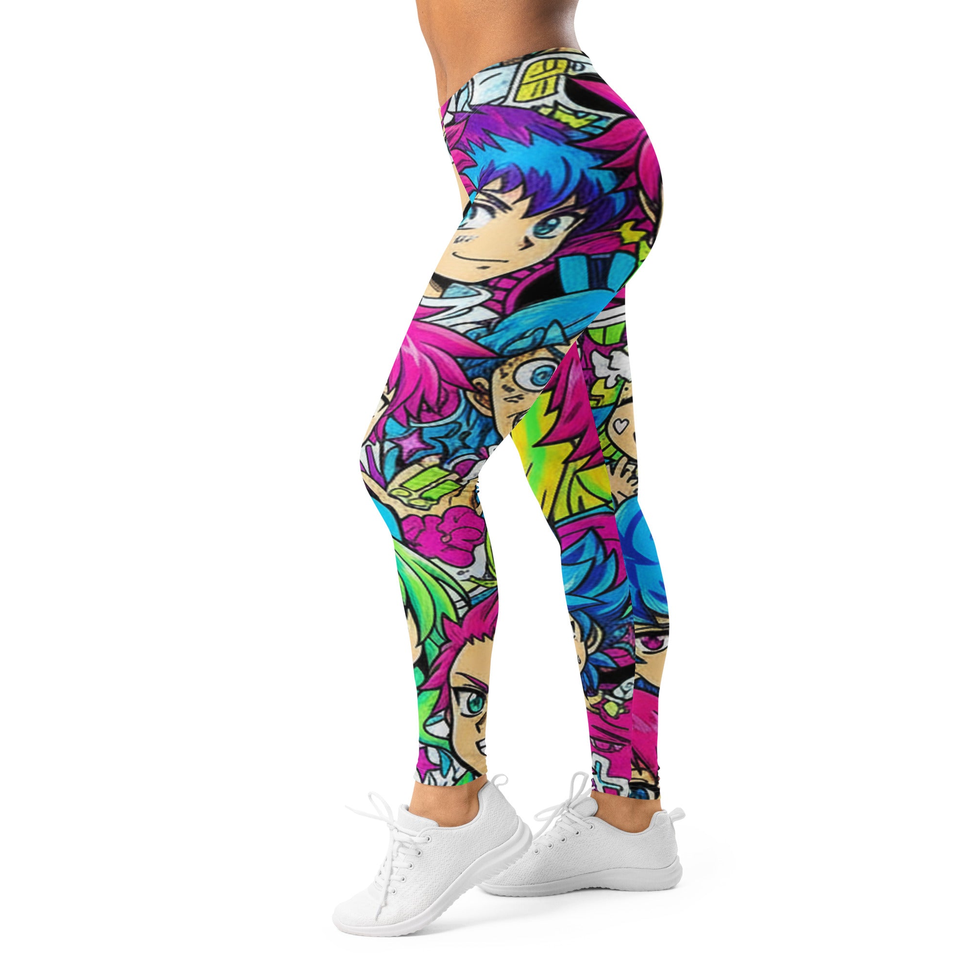 Women's anime collage neon tokyo printed leggings front view