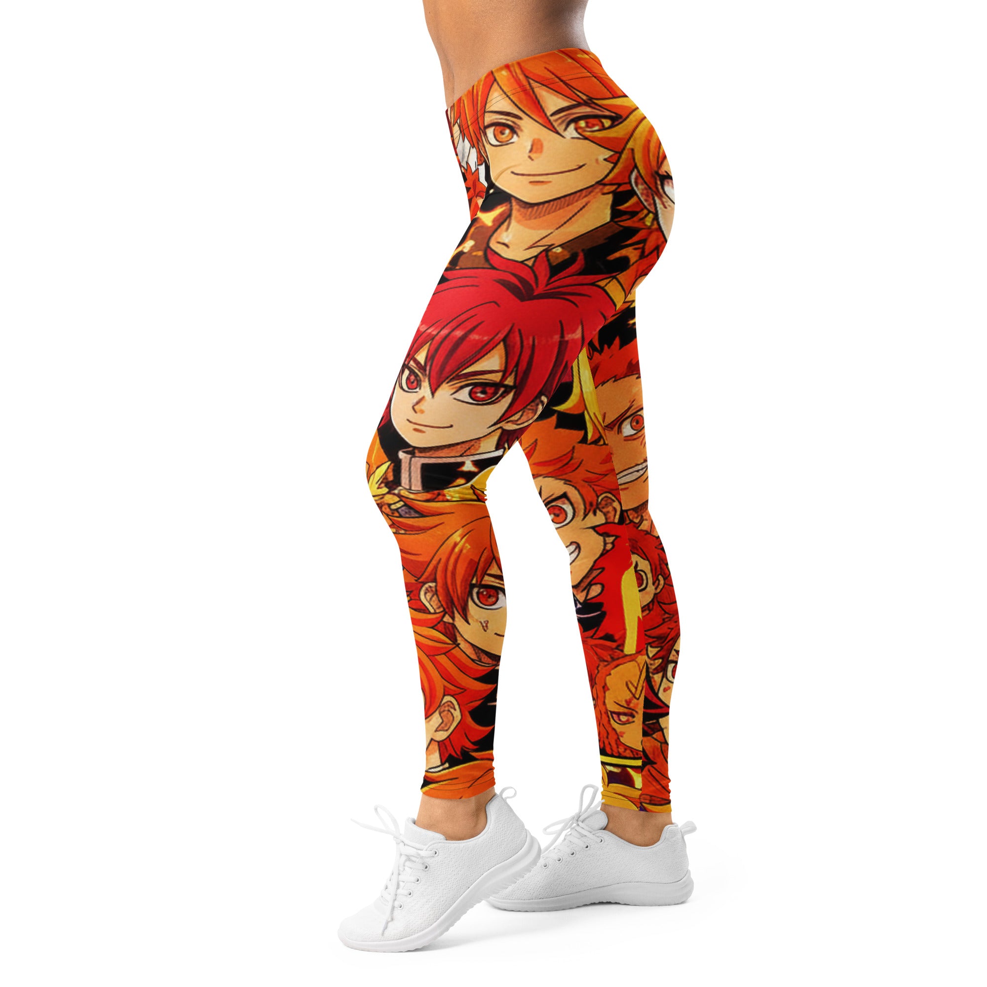 Women's anime collage fire spirit printed leggings front view