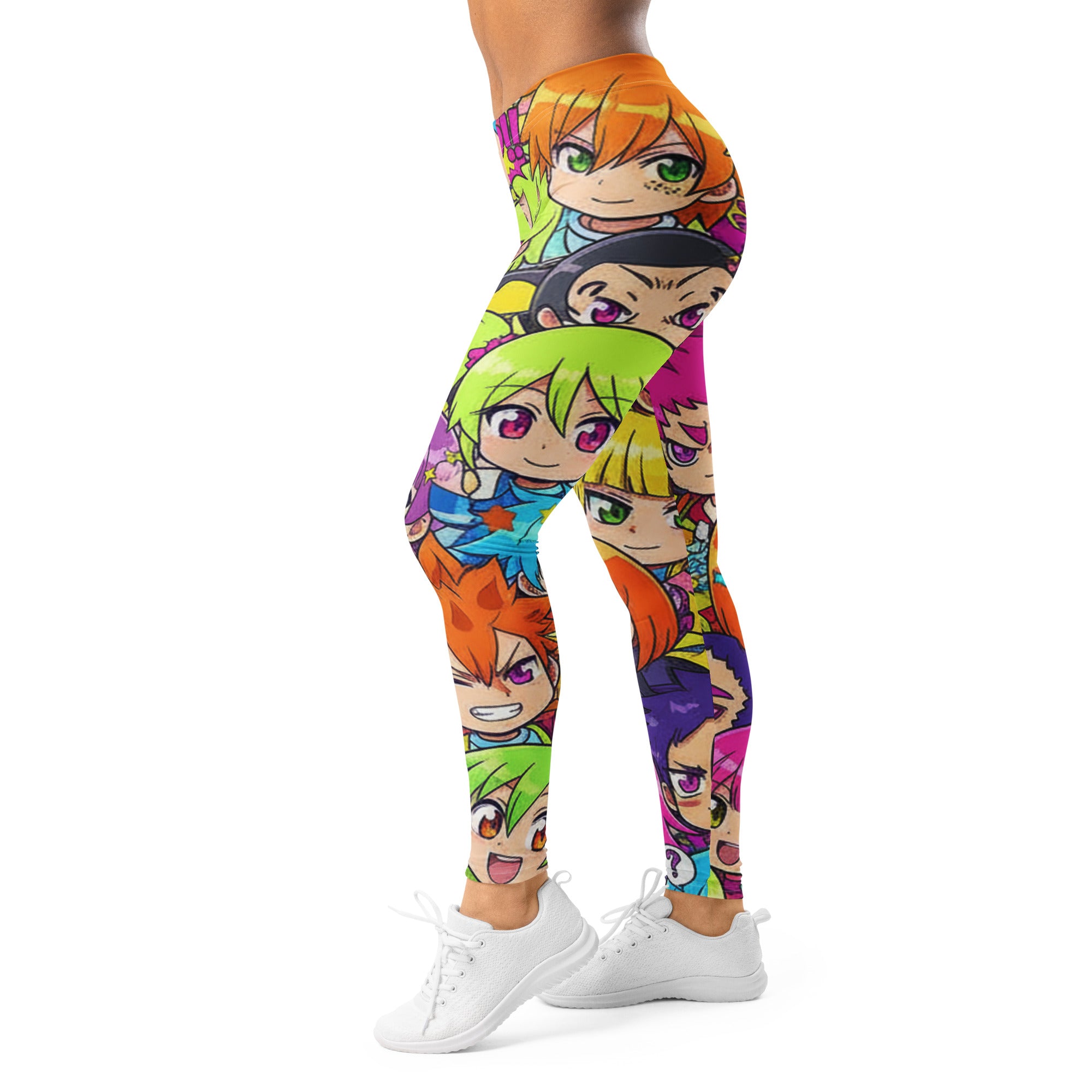 Women's anime collage chibi party printed leggings front view