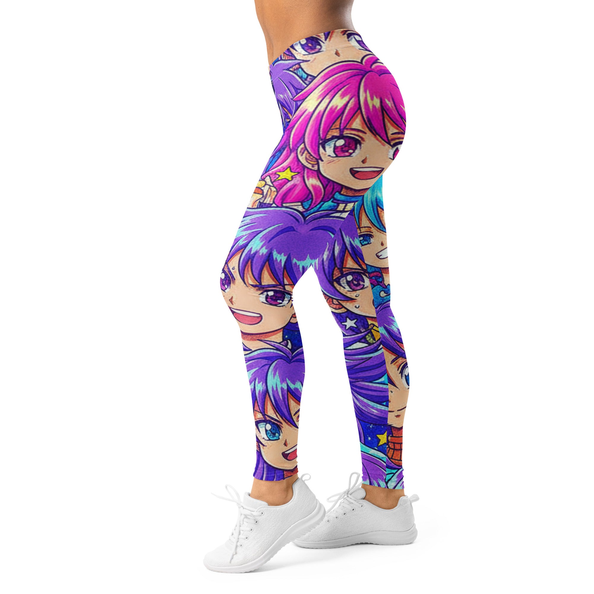 Women's anime collage galaxy hero printed leggings front view